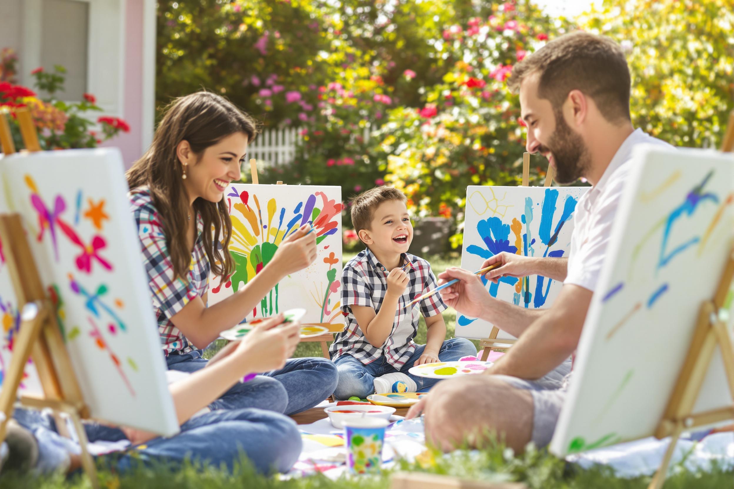 A joyful family gathers in their colorful backyard, engaging in a creative painting activity. Each member holds brushes and palettes as they sit on a blanket spread on the grass, surrounded by blooming flowers. The warm mid-afternoon sunlight casts cheerful shadows, enhancing the vibrant colors on their canvases. Laughter fills the air as they share ideas and encourage one another.