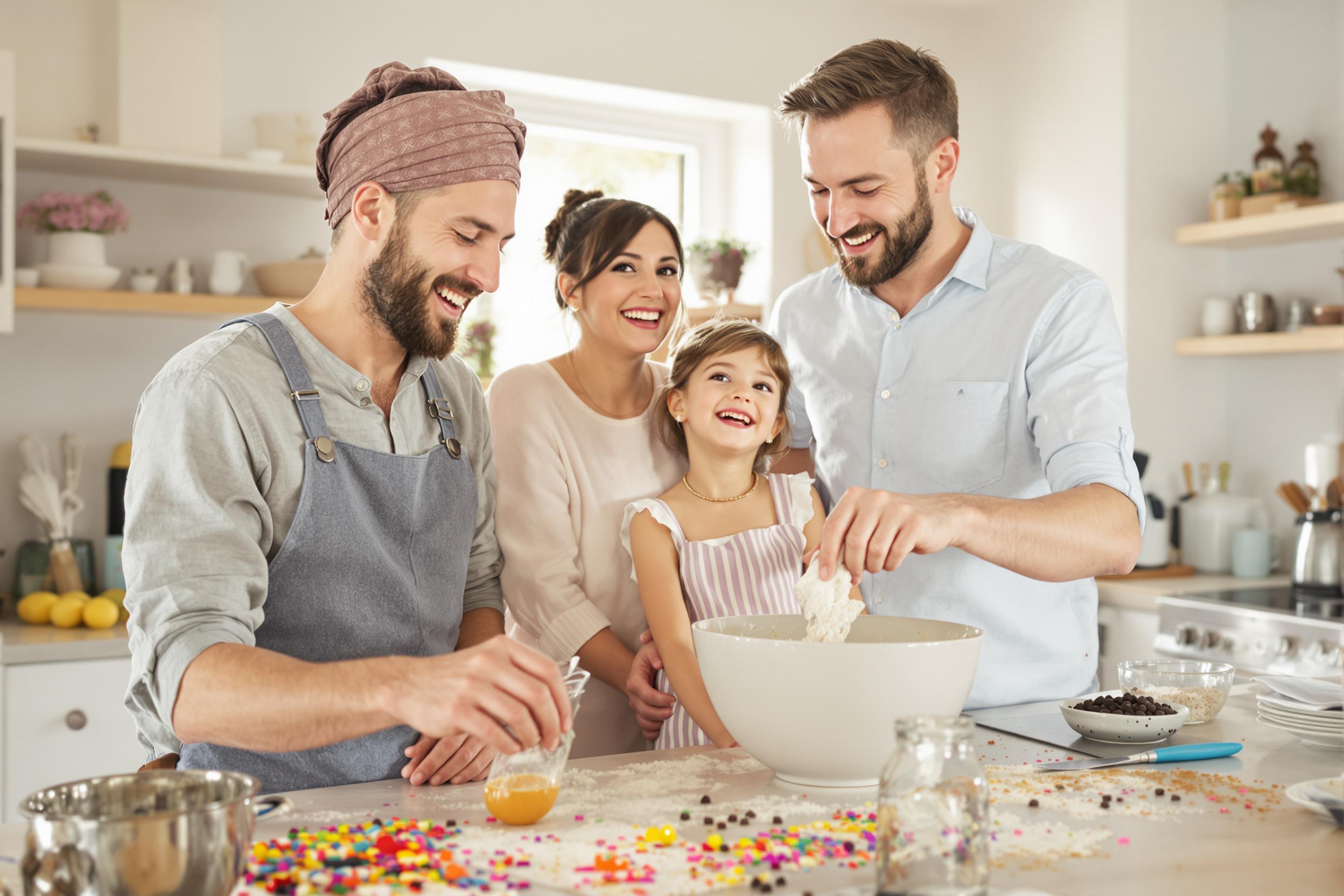 A lively family bonds in a bright kitchen while baking cookies. Joyful laughter fills the air as they measure flour, crack eggs, and mix ingredients in a large bowl. Soft sunlight streams through the window, illuminating their smiling faces and the colorful array of sprinkles and chocolate chips scattered on the countertop. The scene captures warmth and togetherness in the heart of the home.