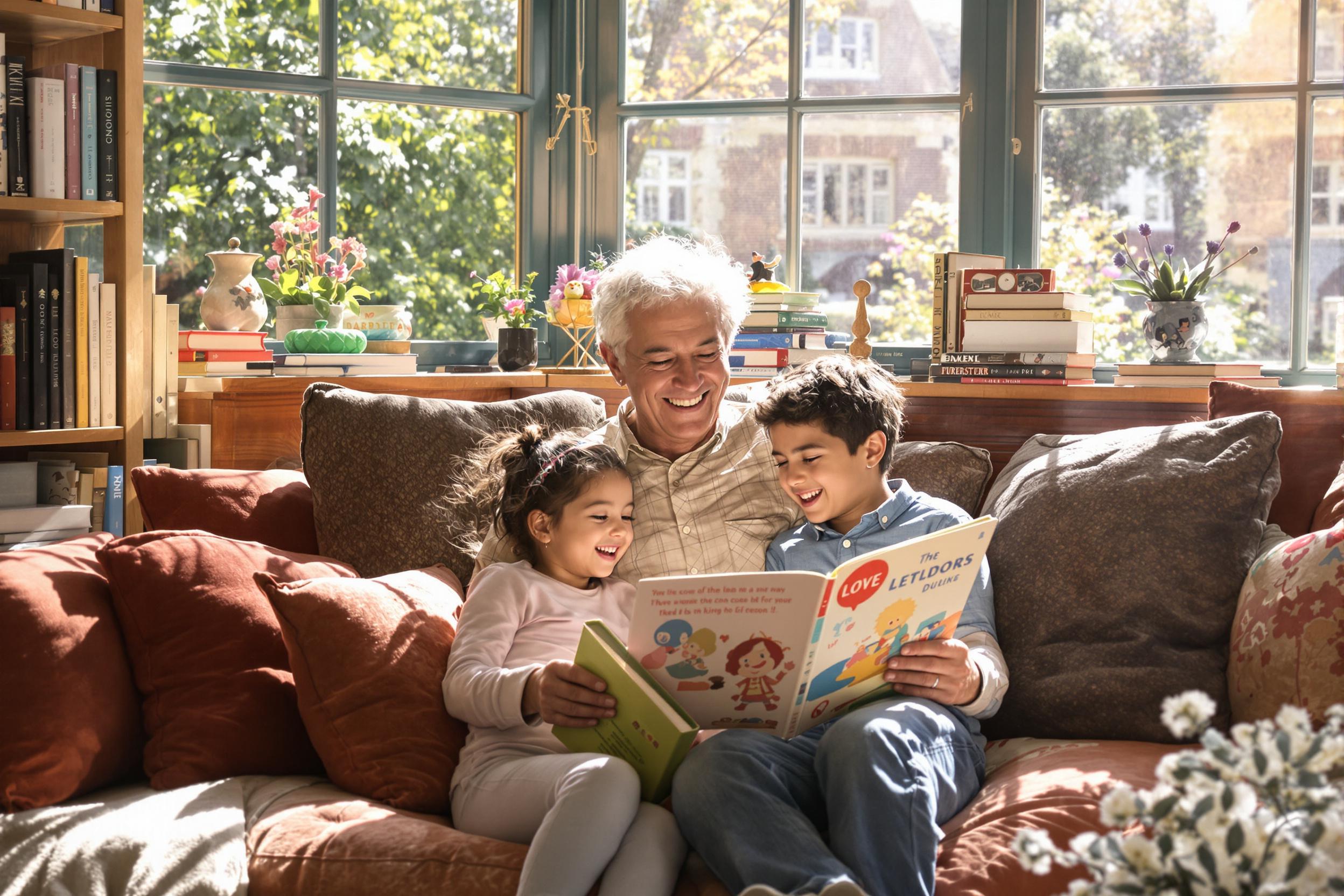 In a cozy study filled with books, a cheerful grandparent reads a story to two captivated grandchildren. The warm afternoon sunlight filters through large windows, illuminating their faces filled with wonder. Plush cushions provide a comfortable spot as they snuggle together amidst colorful tales and vintage decor.