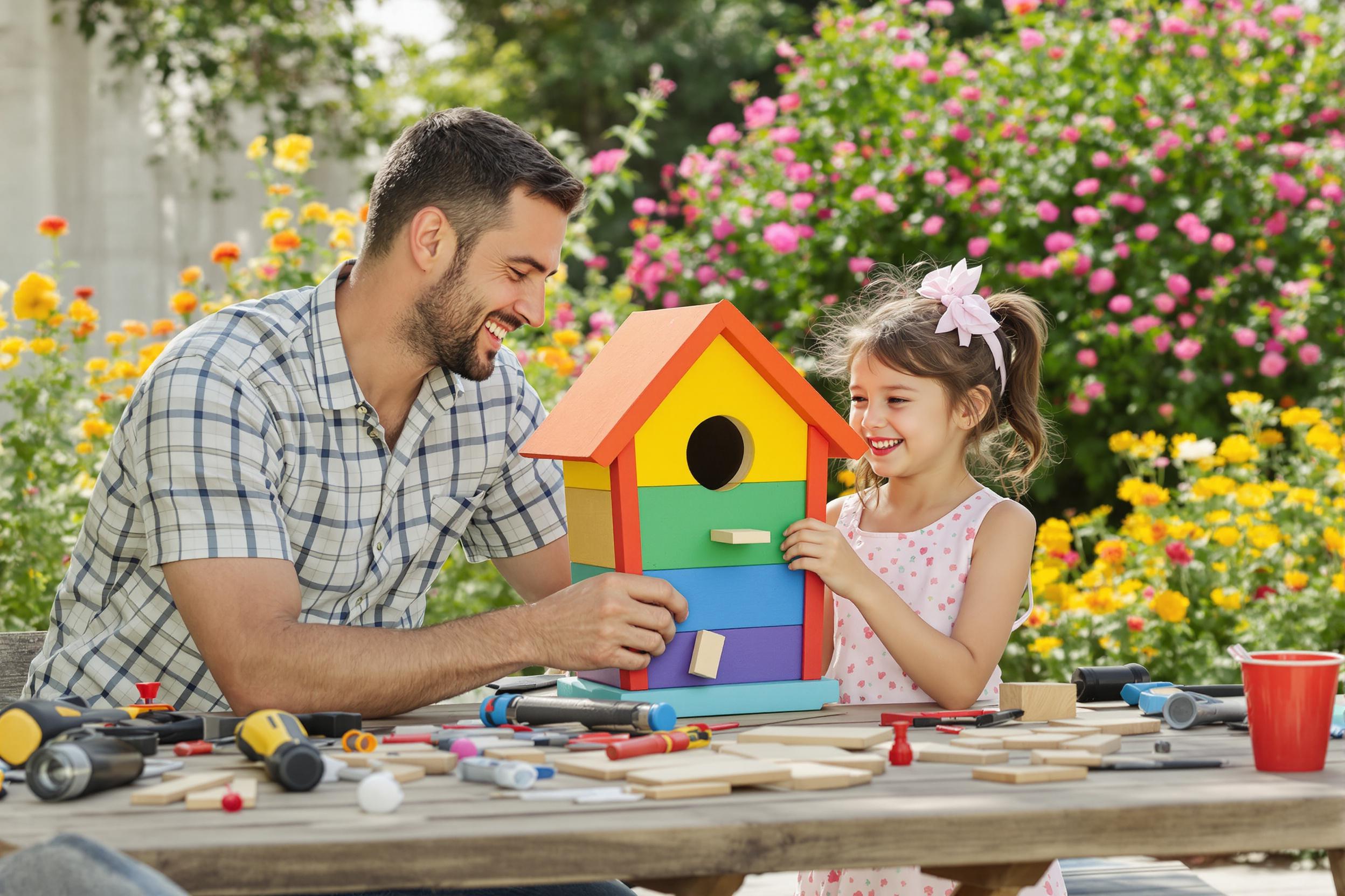 A father and daughter joyfully build a colorful birdhouse together in their sunny backyard. Tools are scattered on a wooden picnic table nearby, while vibrant flowers bloom in the background. The father's focused expression contrasts with the daughter's excitement as she holds pieces of wood, ready to help.