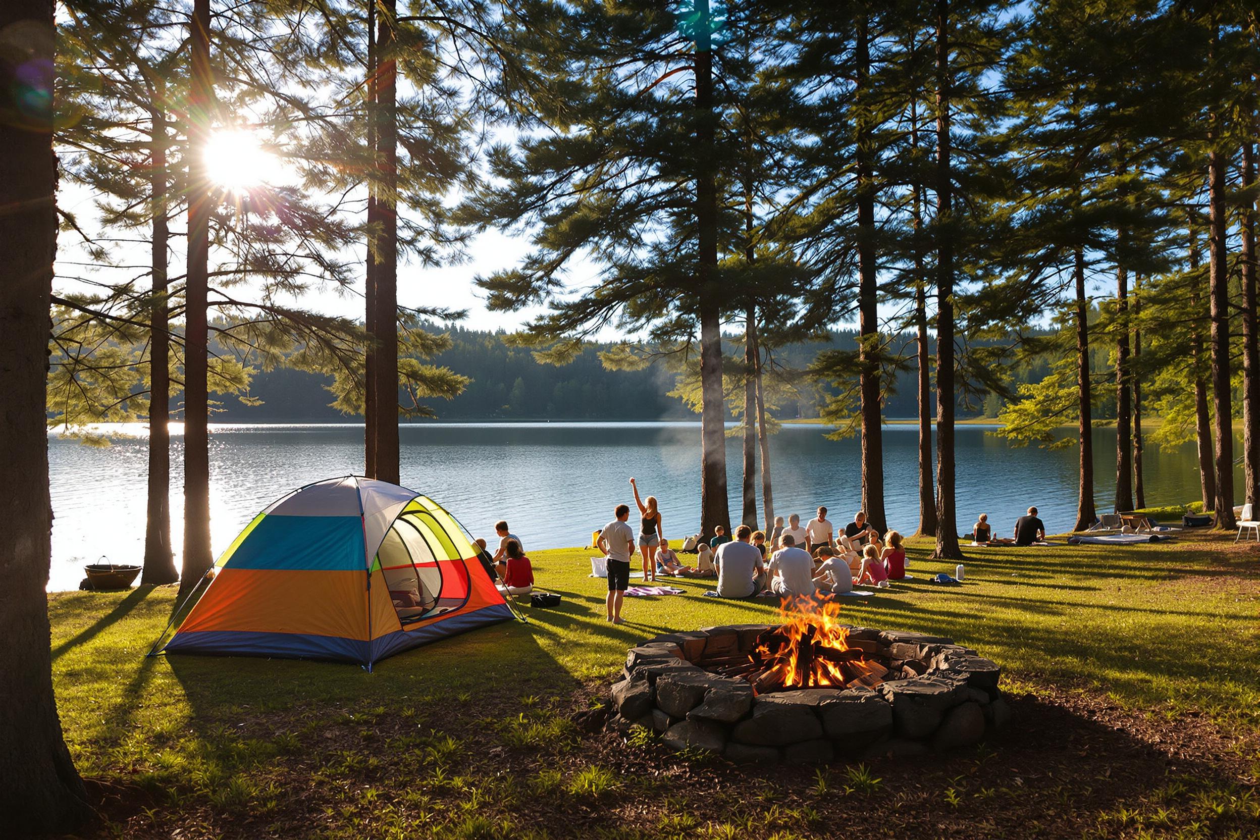 A picturesque family camping scene unfolds by a tranquil lake, framed by tall pine trees. A colorful tent stands aside a crackling campfire where the family gathers, roasting marshmallows. The sun bathes the grounds in warm late afternoon light, reflecting softly on the lake's serene surface and creating a welcoming outdoor atmosphere.