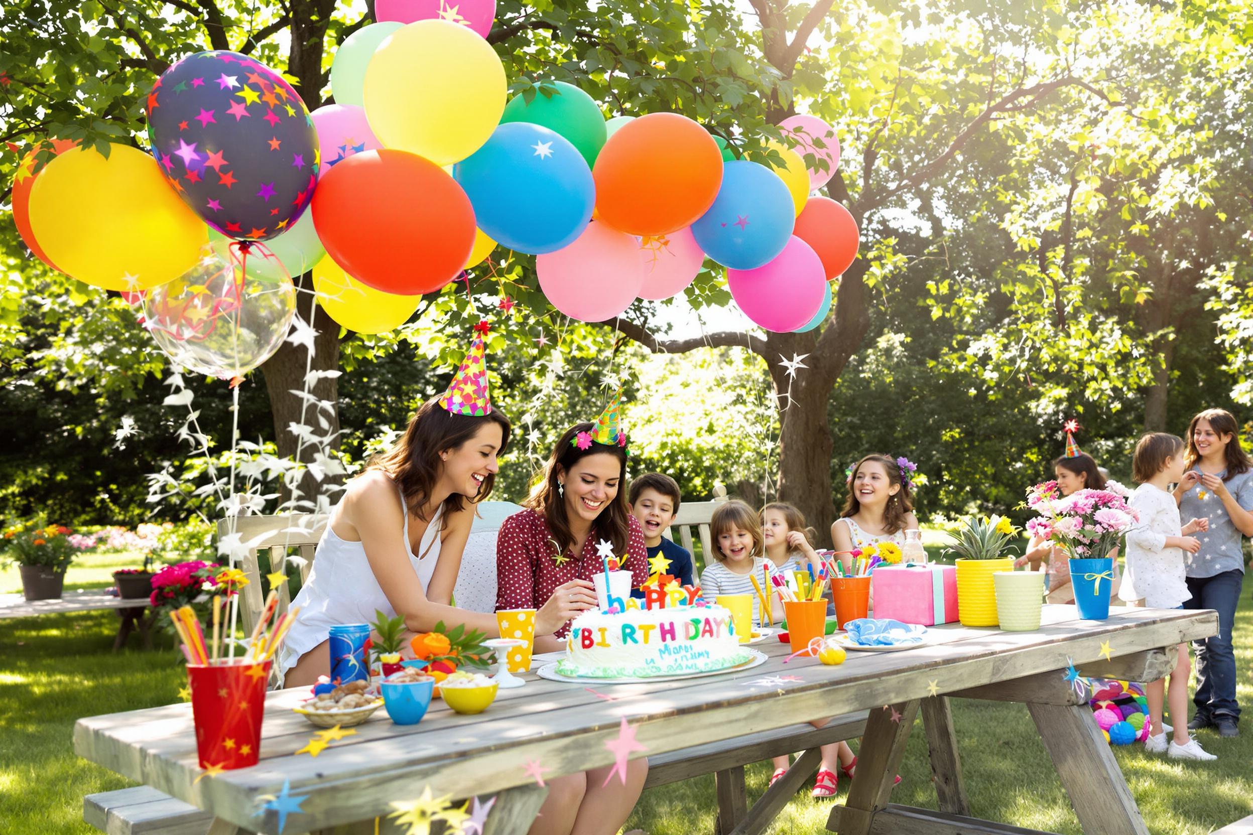 A joyful family gathers at a park for an outdoor birthday celebration. Colorful balloons float above a picnic table adorned with a frosted cake, surrounded by festive decorations. Laughter fills the air as children play nearby, with sunlit greenery providing a cheerful backdrop to this delightful moment.