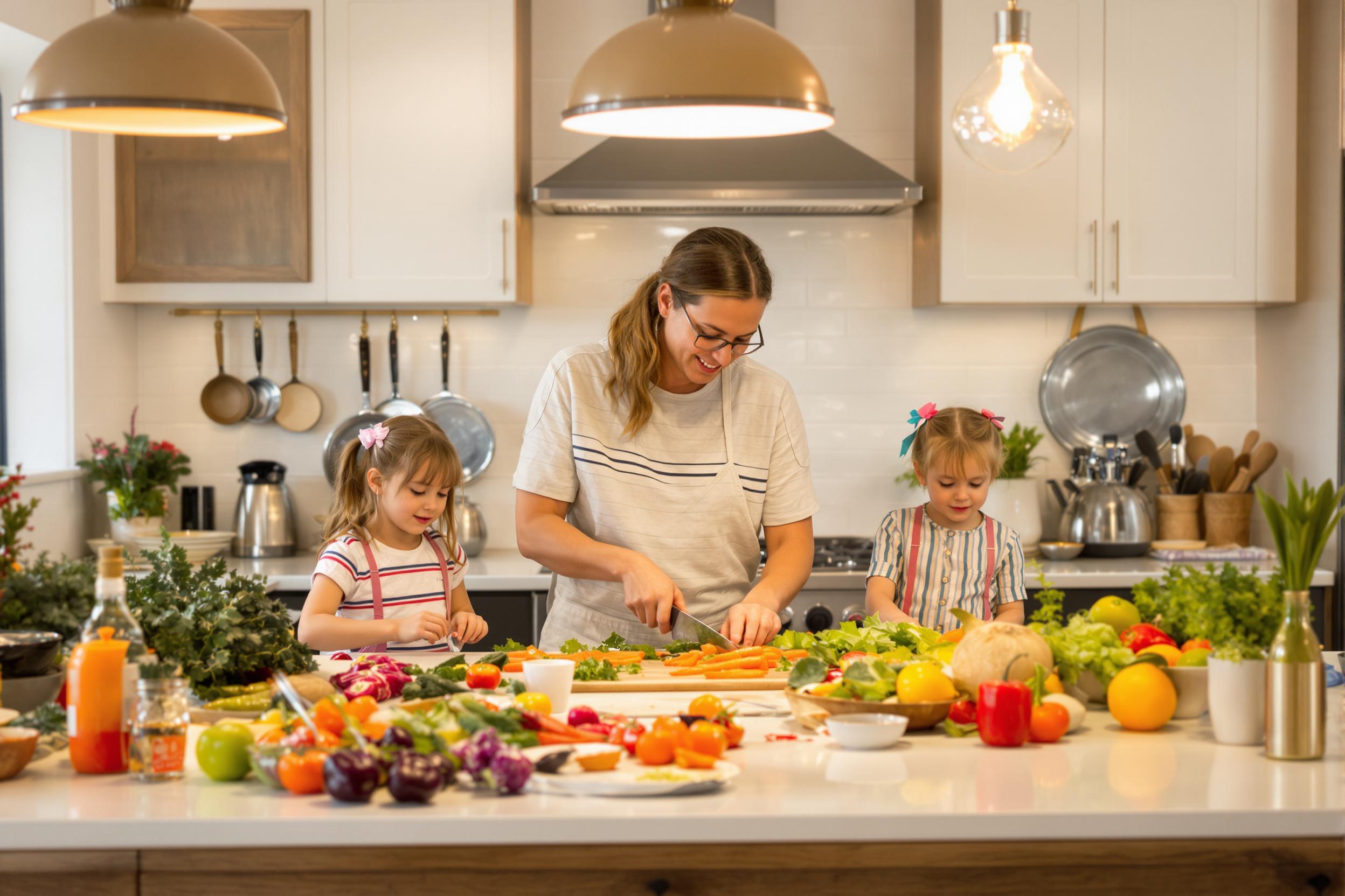 A lively kitchen scene unfolds as a family prepares dinner in a cozy home setting. Soft, warm light spills from hanging pendant lamps, illuminating colorful vegetables on the counters as a parent chops carrots while children eagerly mix salad ingredients. Pan lids clatter in the background, adding to the rustic charm.