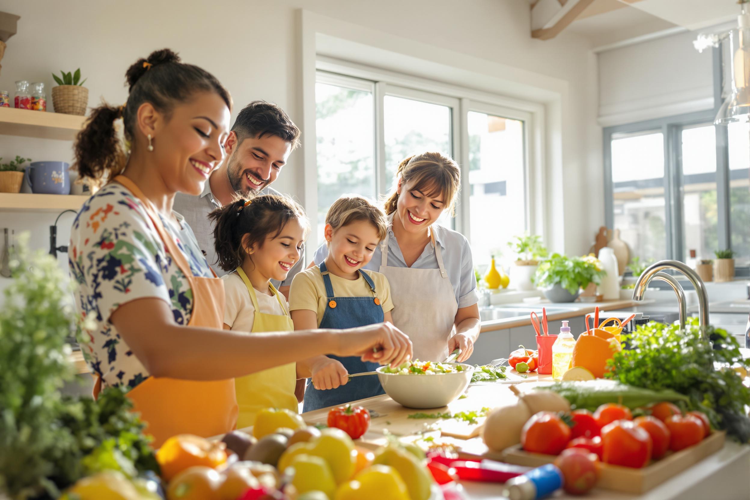 A cheerful family gathers in a modern kitchen, joyfully preparing a meal together. Sunlight streams through large windows, illuminating their smiling faces as they chop vegetables and toss salad ingredients into a bowl. Colorful utensils and fresh produce are scattered around, creating a vibrant atmosphere filled with warmth and togetherness.