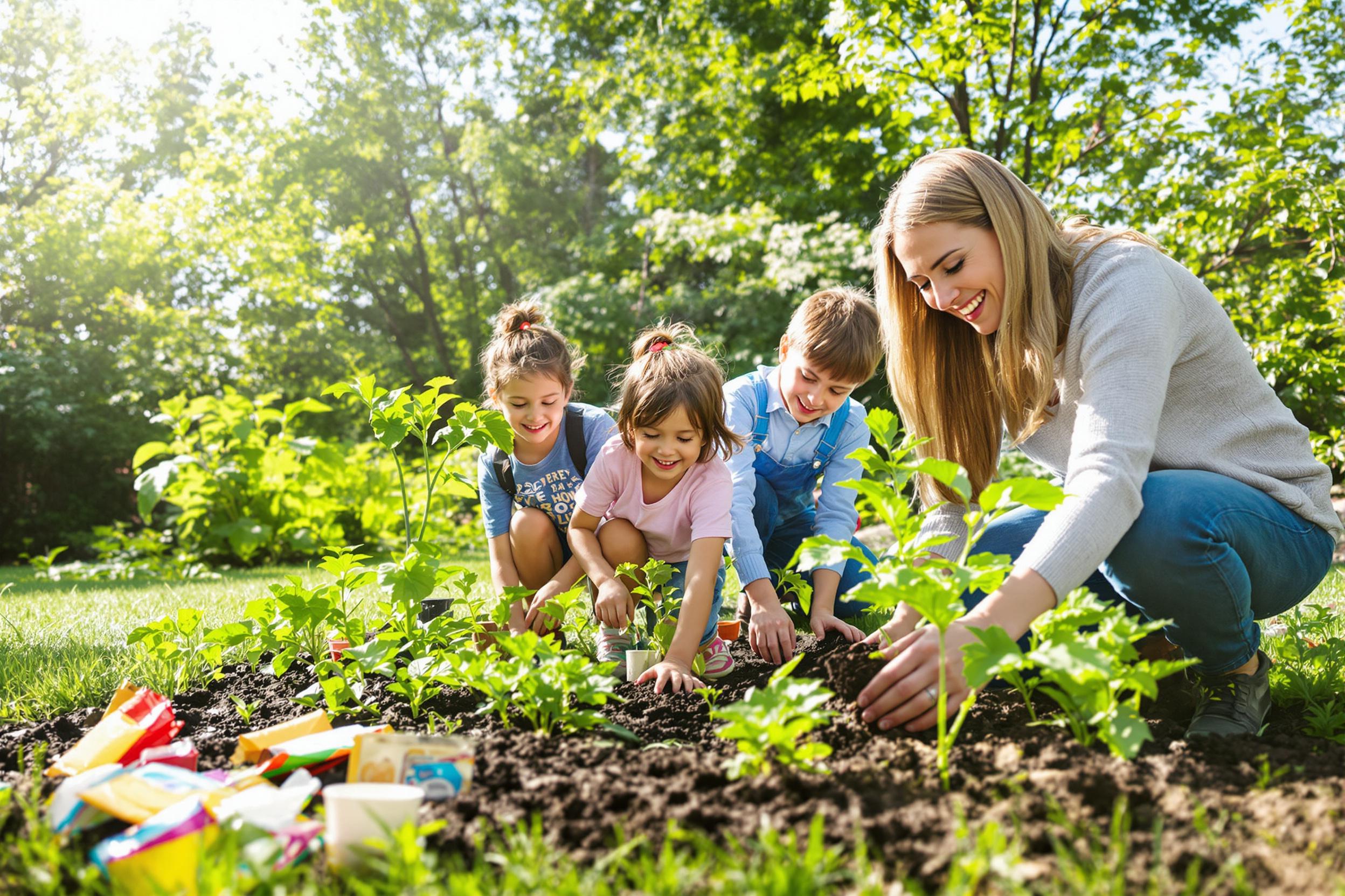 A joyful family gathers in their sunlit backyard to plant vegetables in neatly arranged rows. The parents guide their two eager children who enthusiastically dig into the rich soil with small spades. Lush greenery surrounds them, while colorful packets of seeds and small pots scatter on the grass, capturing the lively spirit of spring gardening.