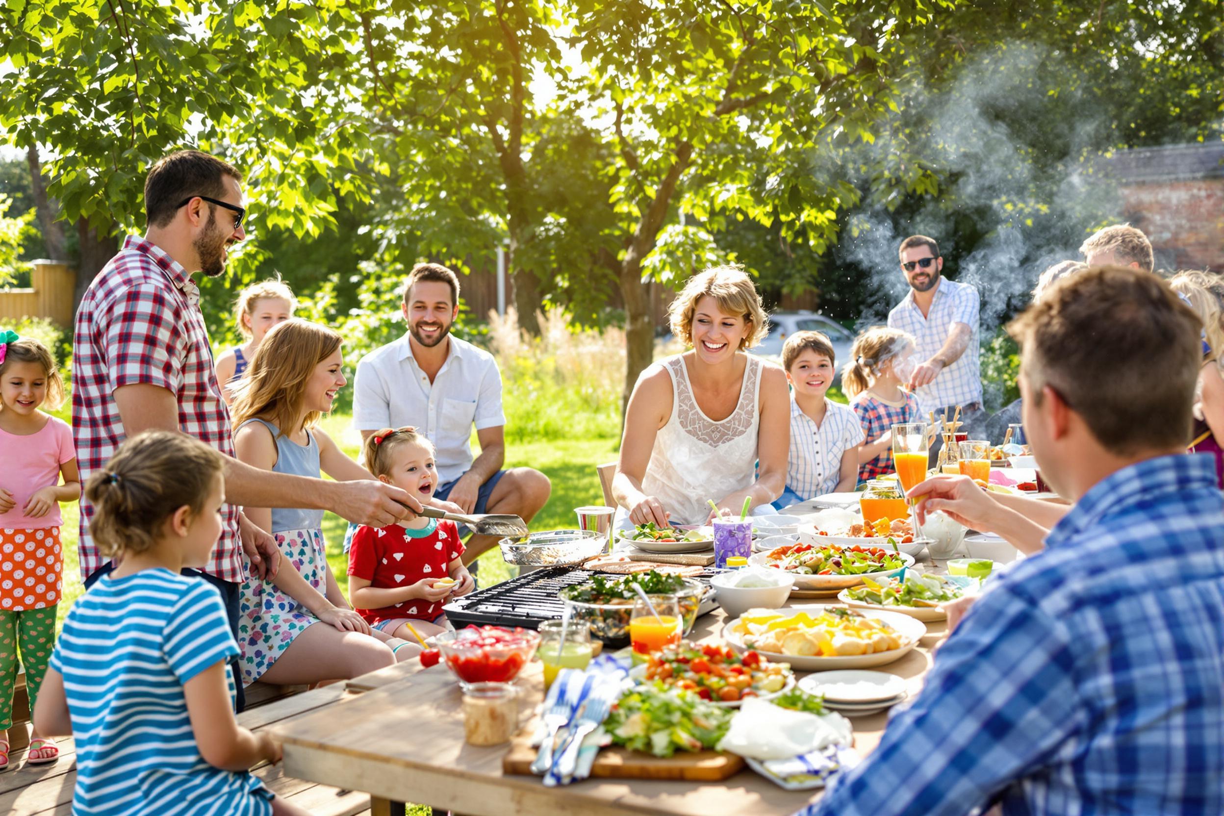 A lively family barbecue takes place in a sun-drenched backyard. Grilled food sizzles on the barbecue as children play nearby, laughter fills the air. Adults gather around a large wooden table adorned with colorful dishes and fresh salads. Sunlight filters through leafy trees, creating a warm, inviting atmosphere.