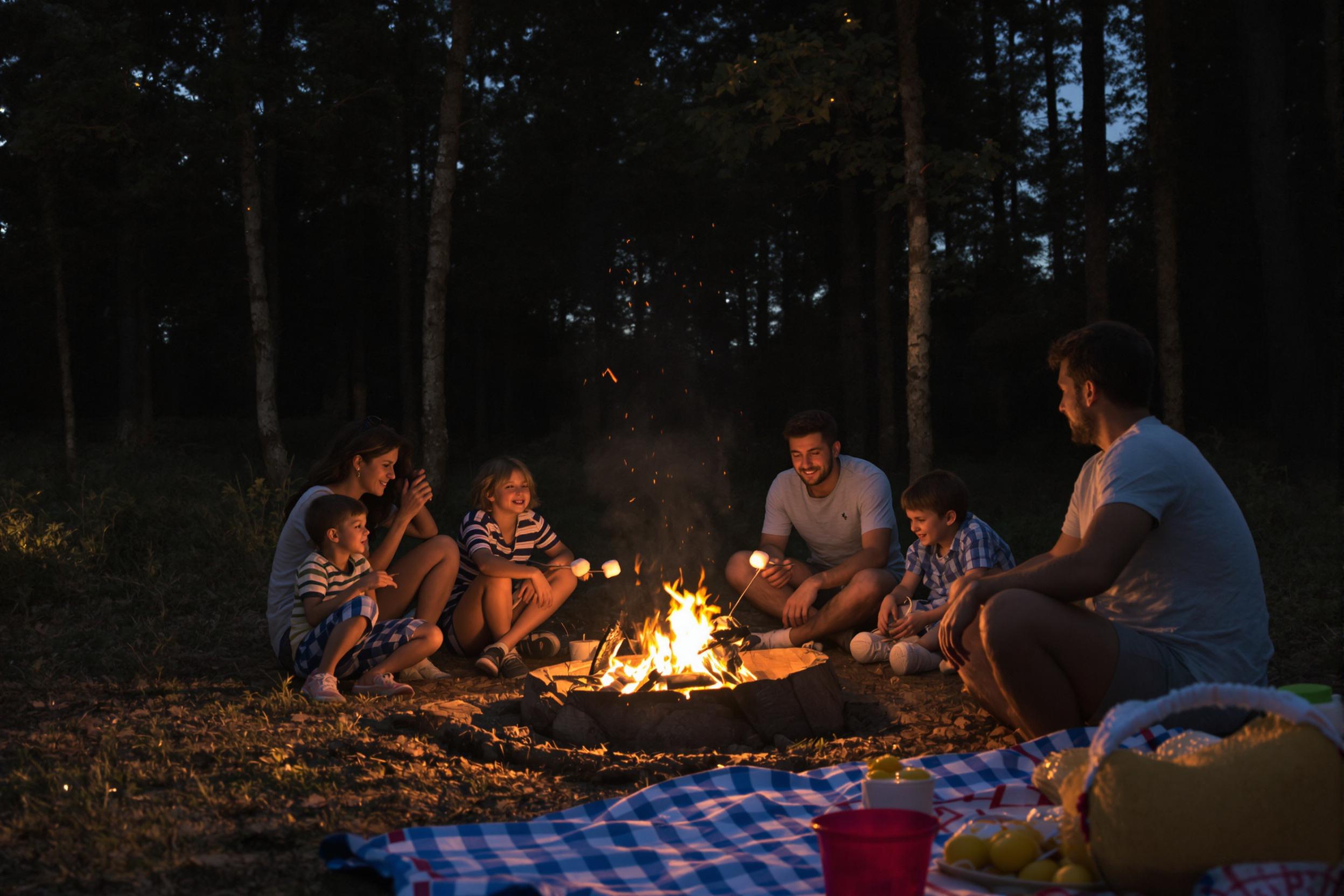 A close-knit family gathers in a forest clearing as dusk settles. Bright flames dance in the campfire, casting a warm glow on their faces. The scene features children roasting marshmallows while adults share stories, framed by tall trees and twinkling stars emerging overhead. Nearby, a picnic blanket holds snacks, complementing the cozy atmosphere.