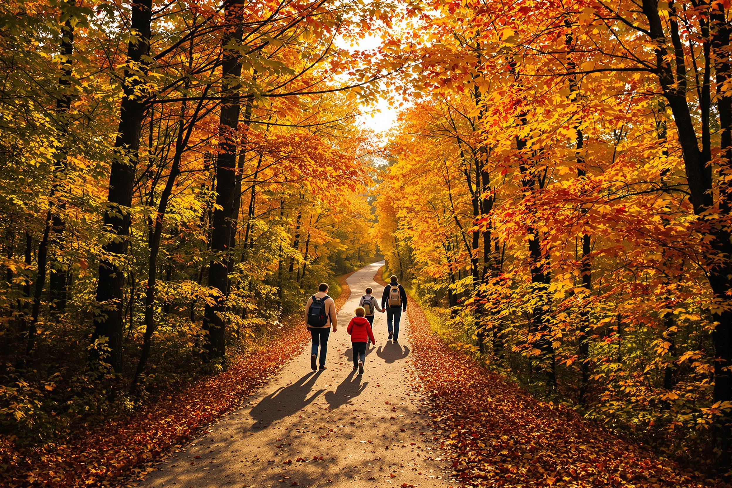 A picturesque scene unfolds as a family hikes through a stunning national park covered in autumn foliage. The late afternoon sun casts a warm, golden glow, filtering through vibrant orange, red, and yellow leaves. Lush trees frame the path where children excitedly lead their parents, creating a joyful and adventurous atmosphere, beautifully complemented by the serene backdrop of nature.