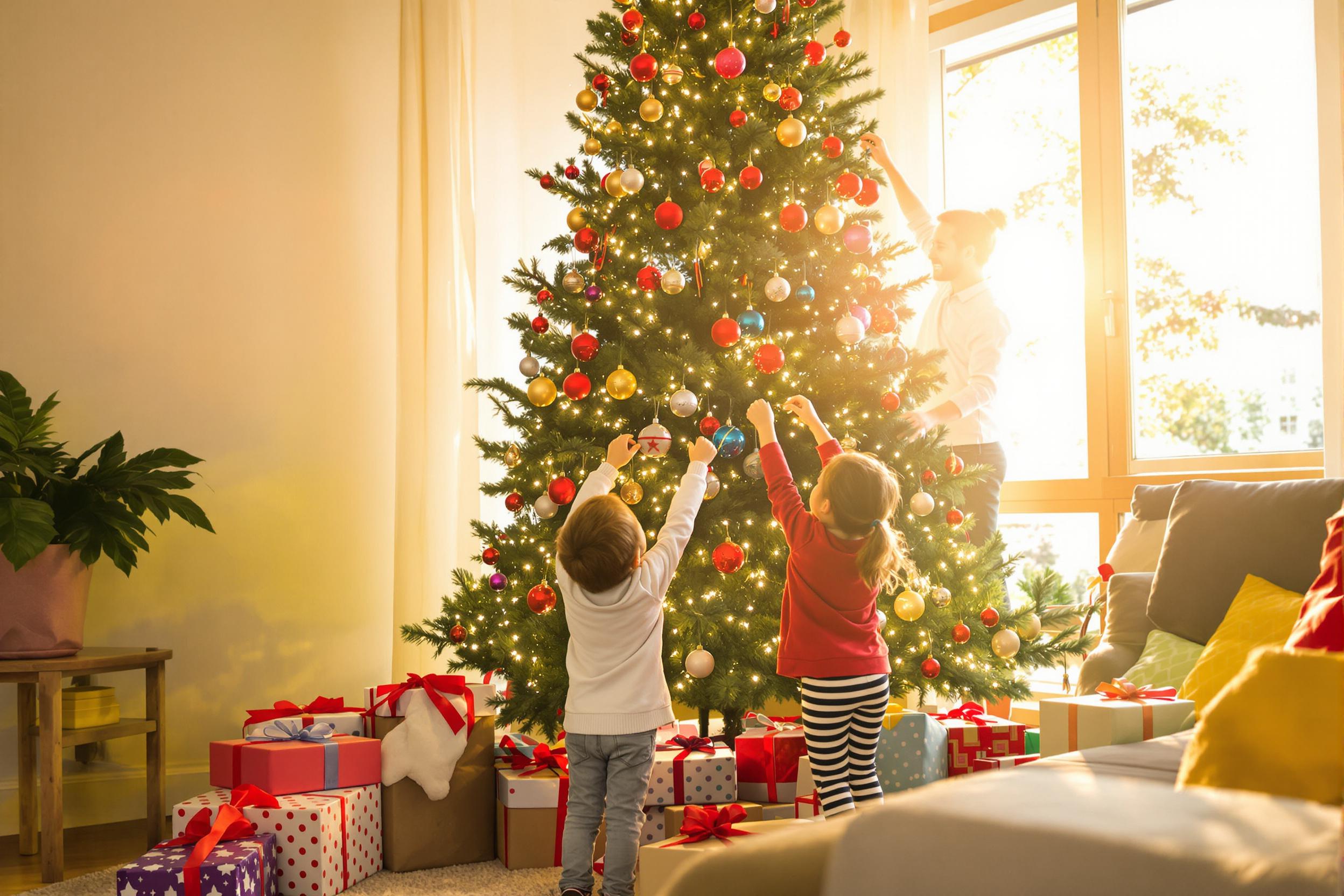 A joyful family gathers in their cozy living room, adorning a tall Christmas tree with colorful ornaments and twinkling lights. The warm glow of the late afternoon sun spills through the window, highlighting their cheerful faces. Laughter fills the air as children carefully hang decorations, surrounded by holiday gifts and fragrant pine needles.