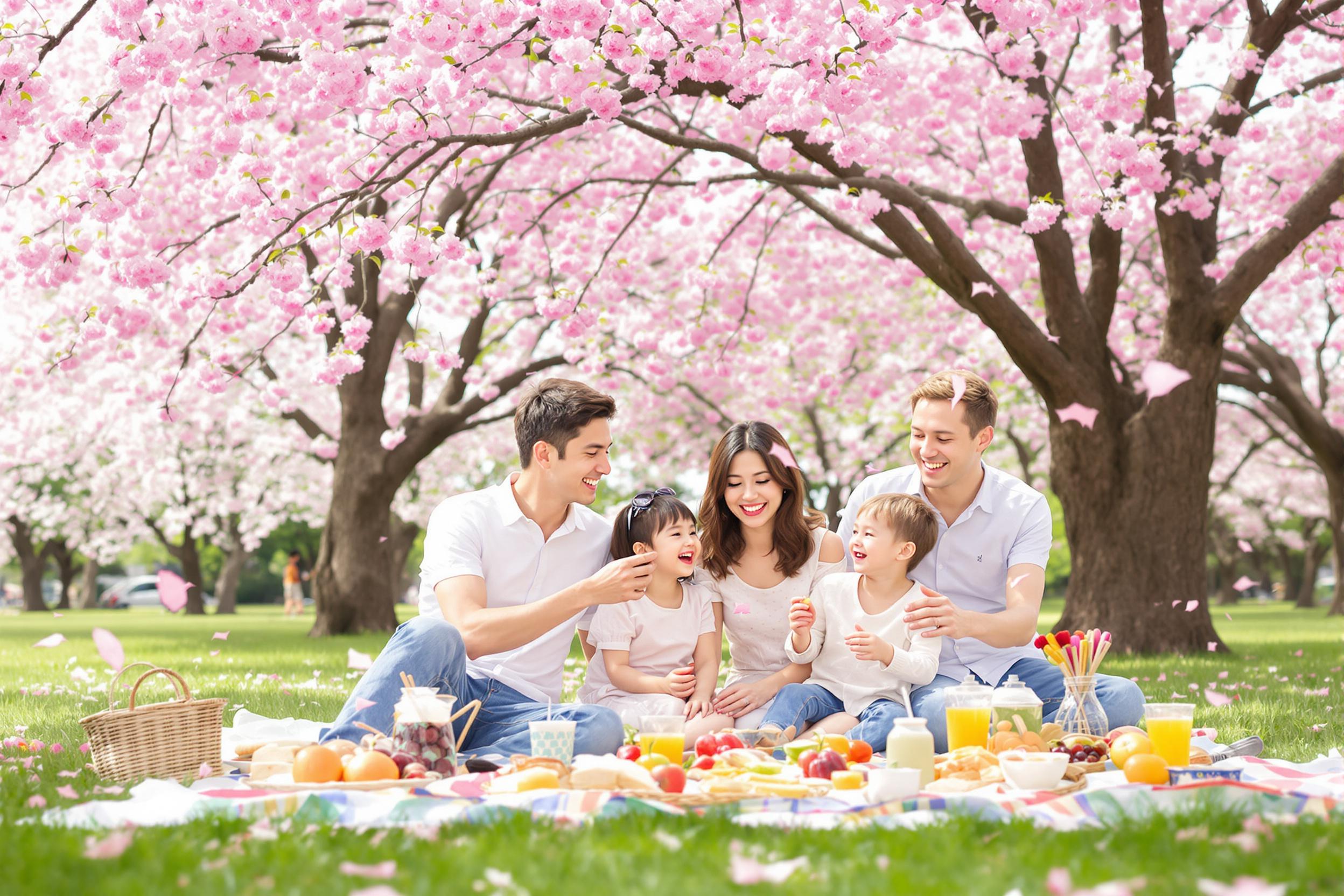 A cheerful family enjoys a picnic spread beneath a canopy of blossoming cherry trees. Vibrant pink petals gently fall around them as they sit on a colorful blanket filled with fresh fruits, sandwiches, and drinks. Laughter fills the air, while a backdrop of delicate flowers creates a serene springtime atmosphere.