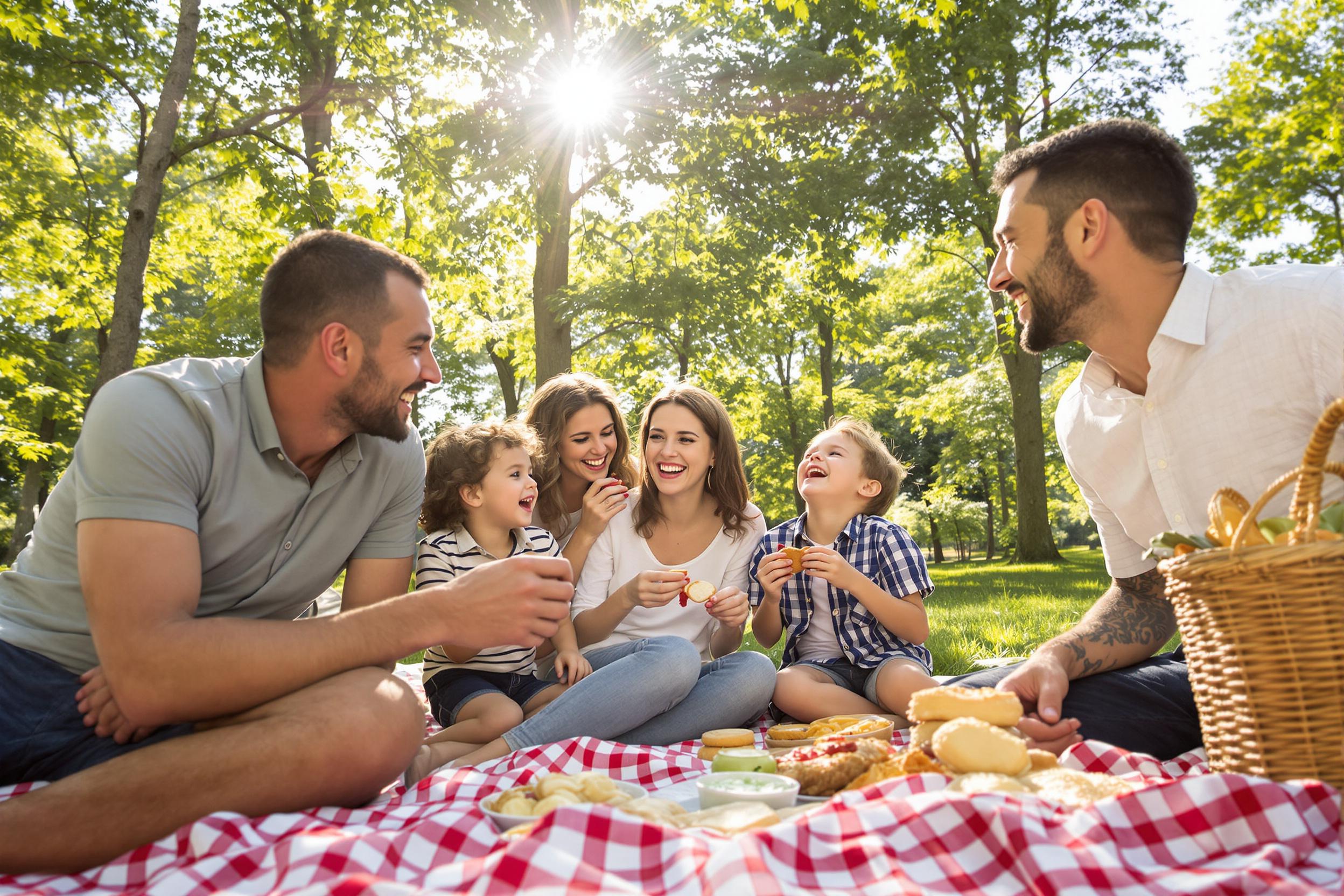 A joyful family gathers for a picnic in a sunlit park, where tall green trees provide a backdrop. The scene captures laughter as parents and children share tasty treats laid out on a checkered blanket. Sun rays filter through leaves, creating dappled light on their smiling faces while playful moments are frozen in time.