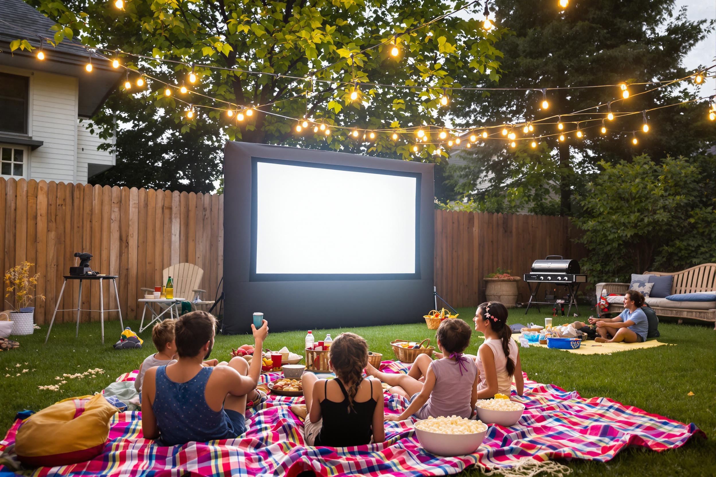 A joyful family gathers for an outdoor movie night in their backyard. They lounge on colorful blankets spread across the grass, with a large white projector screen glowing softly in front of them. String lights create a warm ambiance above while bowls of popcorn and drinks rest nearby. Laughter and excitement fill the air as they enjoy a film under the stars.