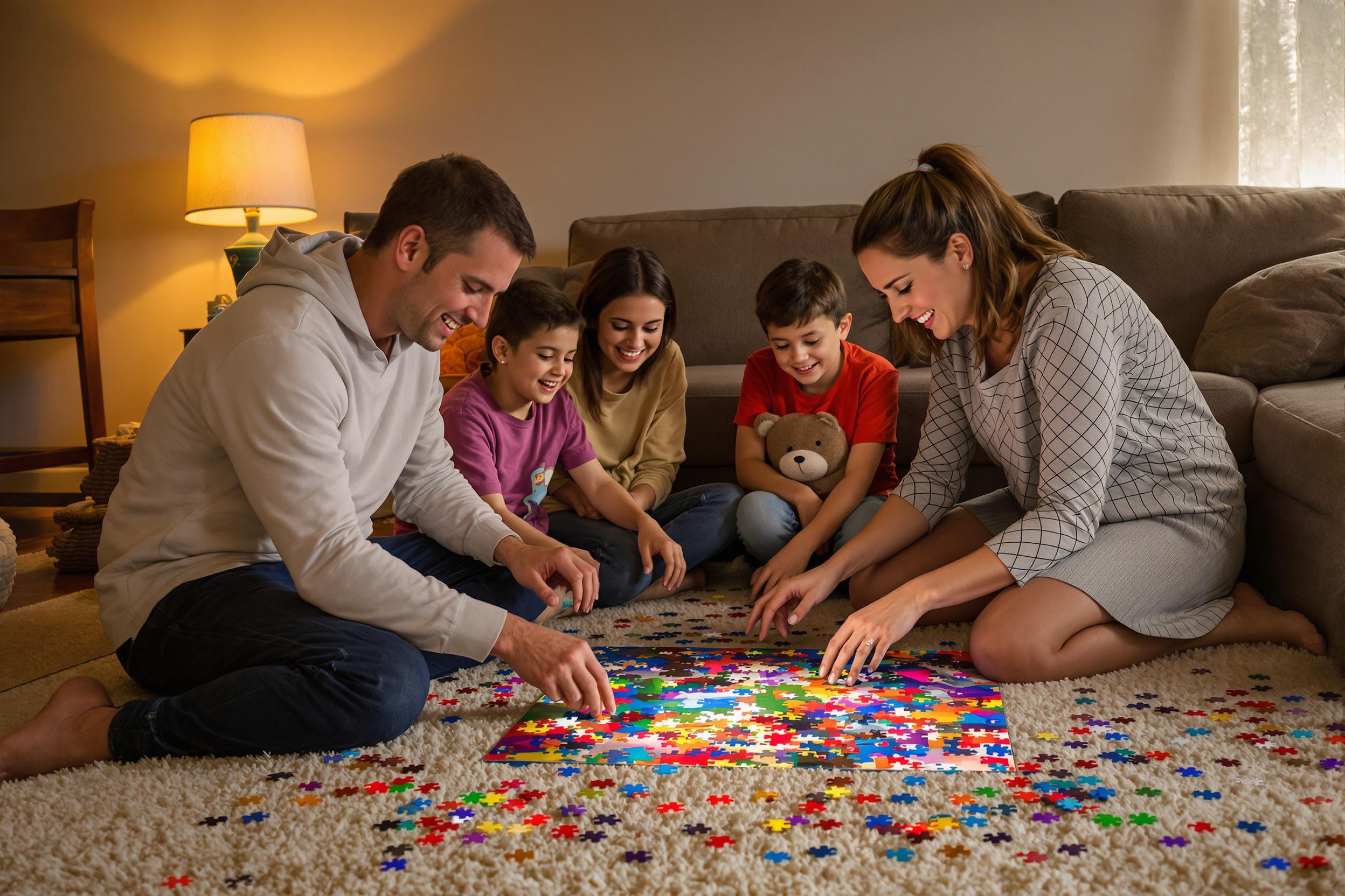 A cheerful family gathers on a soft rug in their cozy living room, intently assembling a vibrant jigsaw puzzle spread out before them. The warm glow of a nearby lamp highlights the colorful pieces, creating an inviting atmosphere. Each member contributes, showcasing expressions of concentration and teamwork, with a scattering of other puzzles resting nearby.