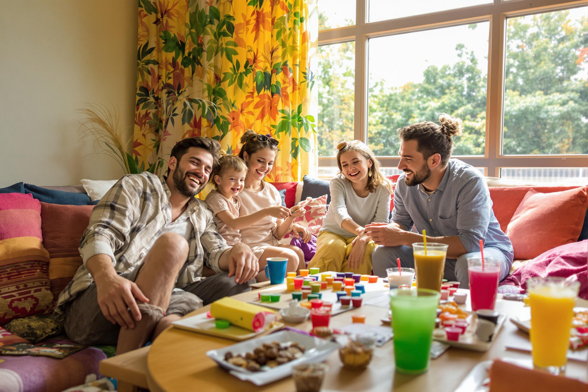 A cheerful family enjoys an afternoon filled with laughter and bonding over a board game in their vibrant living room. Colorful cushions and blankets adorn the space, while a large window allows soft sunlight to illuminate their smiles. The table is scattered with game pieces, snacks, and drinks, creating a cozy and inviting atmosphere.