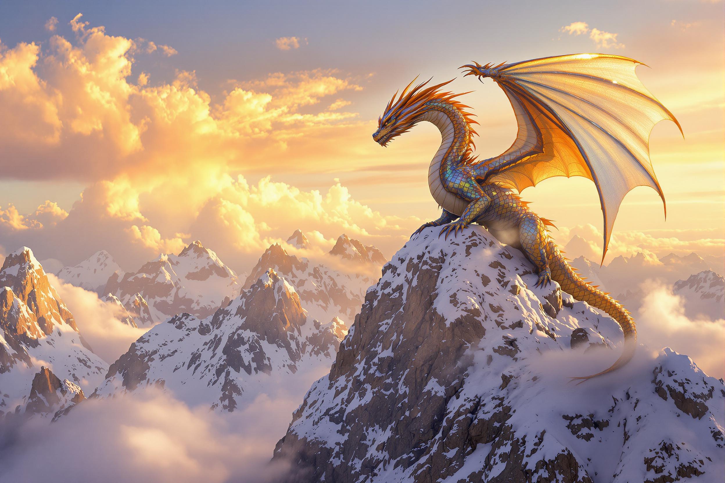 A breathtaking scene of a magnificent dragon with iridescent scales perched atop a snow-capped mountain peak. The creature's wings are partially unfurled, catching the golden light of the setting sun. Wisps of clouds swirl around the mountain, adding to the dramatic and awe-inspiring atmosphere of this fantasy landscape.