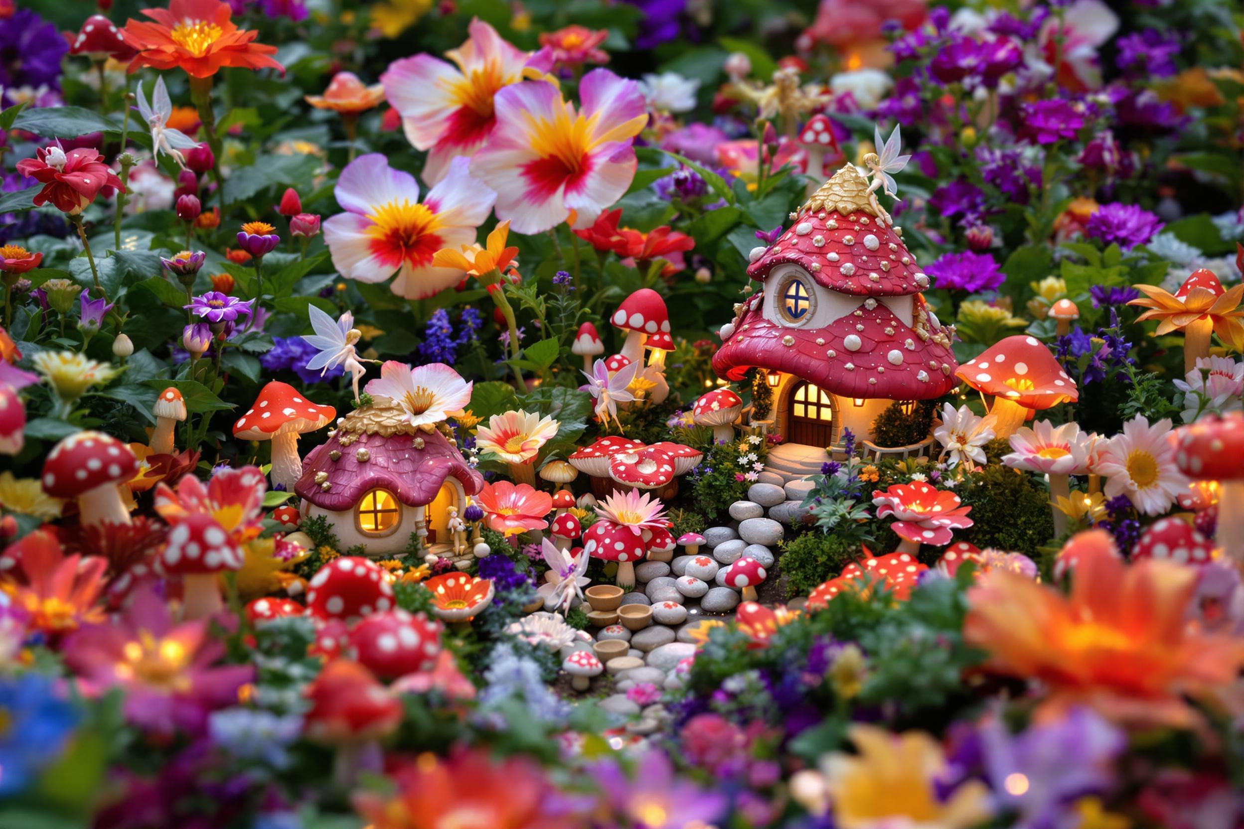 A charming miniature garden filled with vibrant, oversized flowers and toadstools. Tiny fairy houses nestled among the blooms glow with warm light. Delicate, translucent-winged fairies flit between the petals, their magical dust trailing behind them. The scene is bathed in soft, dreamy lighting, emphasizing its enchanted nature.