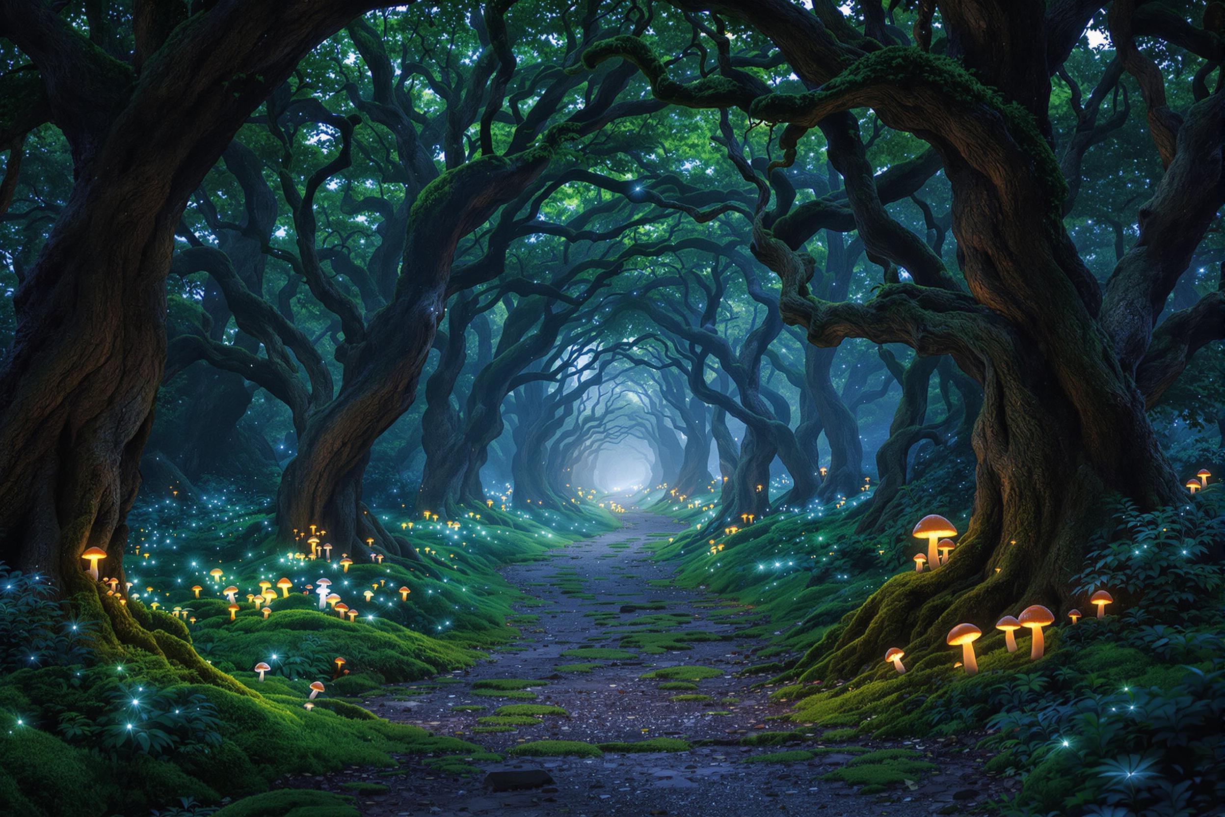 A mystical forest path illuminated by glowing fireflies and bioluminescent mushrooms. Ancient, gnarled trees frame the winding trail, their branches intertwining to form a natural archway. Soft, ethereal mist hovers above the mossy ground, creating an atmosphere of wonder and magic as twilight descends.