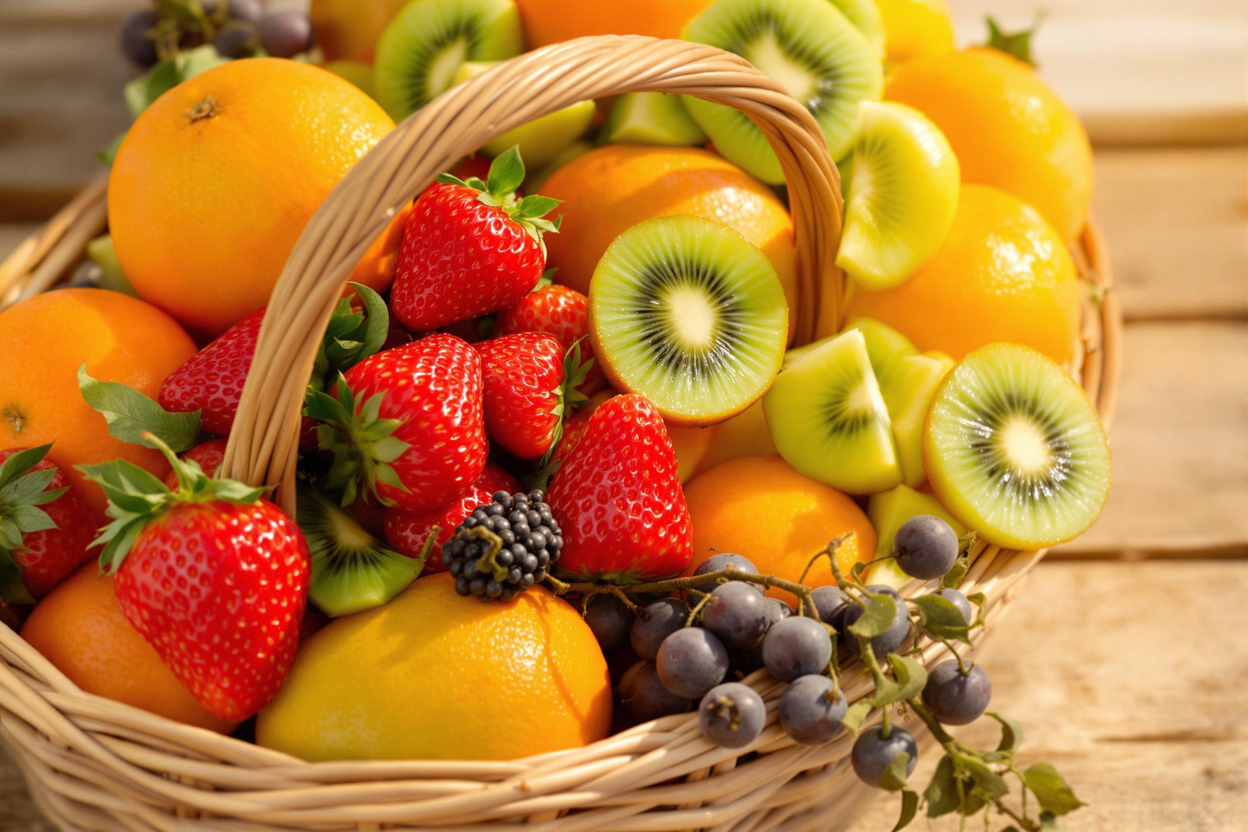 A macro shot captures a handle basket overflowing with an array of vibrant fruits. Plump strawberries gleam beside bright oranges, while kiwi slices reveal their intricate seeds. The background features rustic wooden planks, enhancing the organic feel of the scene under warming late morning light that highlights each fruit's unique texture.