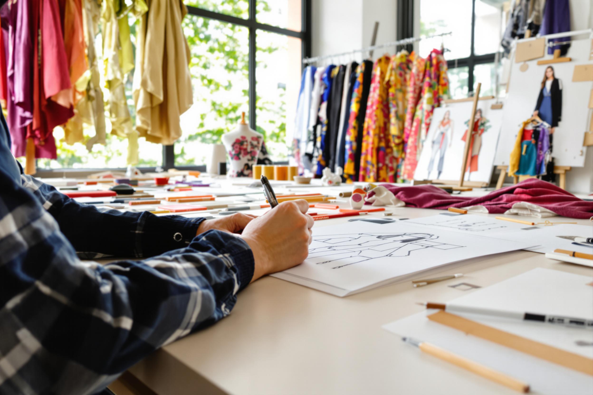 A close-up of a fashion designer’s hands skillfully sketching a new clothing line in a vibrant studio. Surrounding the workspace are colorful fabrics draped on the table and pinned to boards, alongside unique design sketches and tools. Natural daylight floods through large windows, illuminating the creativity in this dynamic atmosphere.