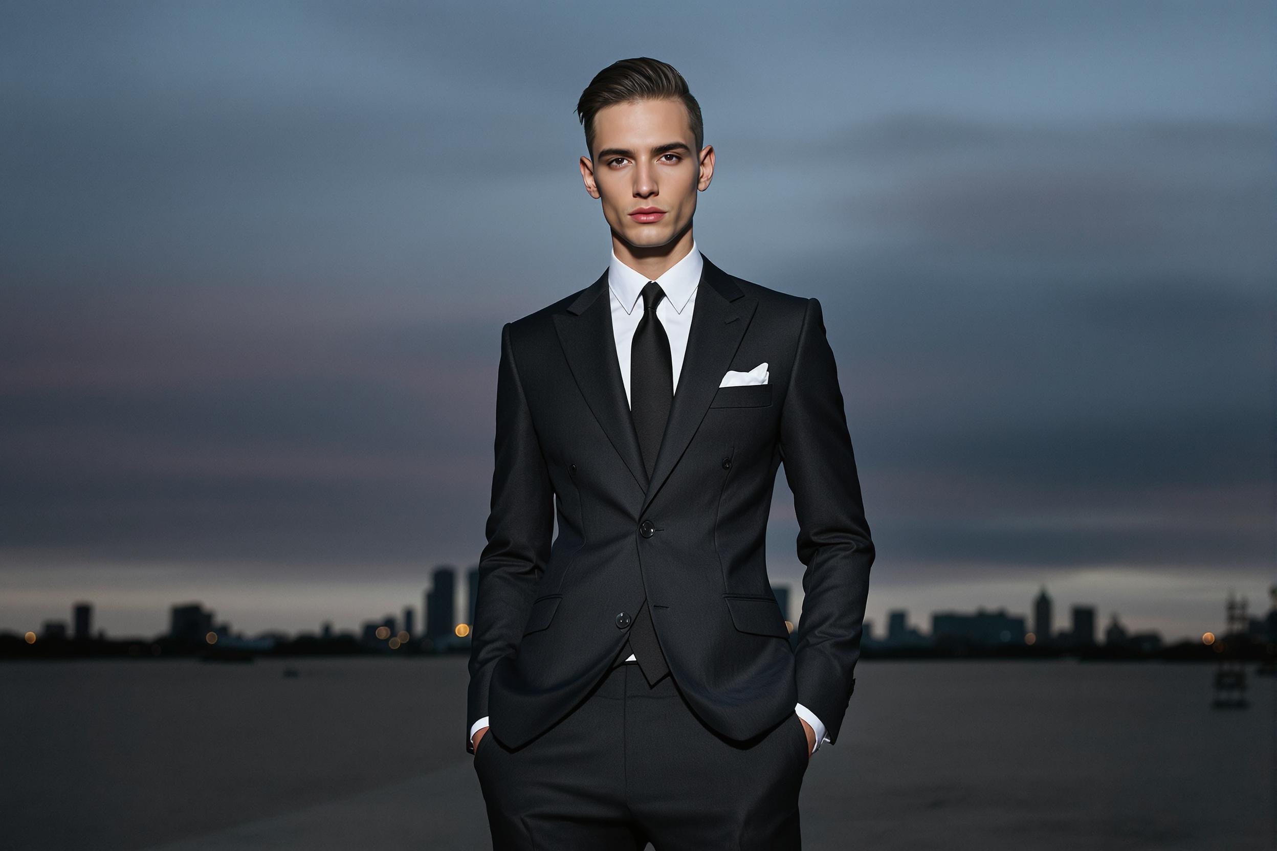 A sleek, androgynous model showcases a perfectly tailored charcoal suit against the backdrop of a city skyline at twilight. The minimalist aesthetic and muted tones create a powerful statement in urban fashion photography.