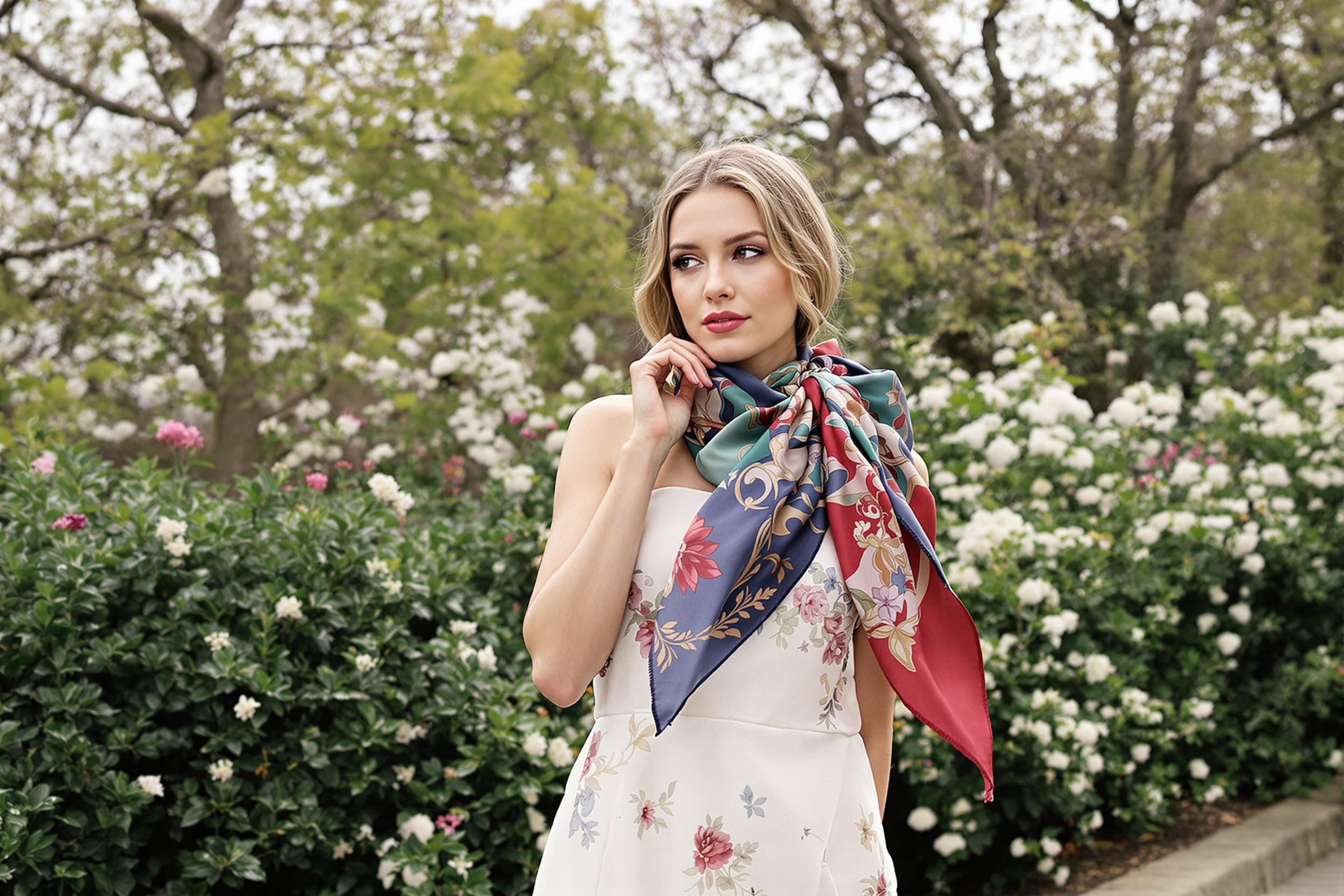 A graceful model showcases the art of silk scarf styling in a serene Parisian garden. The image captures the intersection of timeless fashion accessories and natural beauty, highlighting the versatility and elegance of silk scarves.