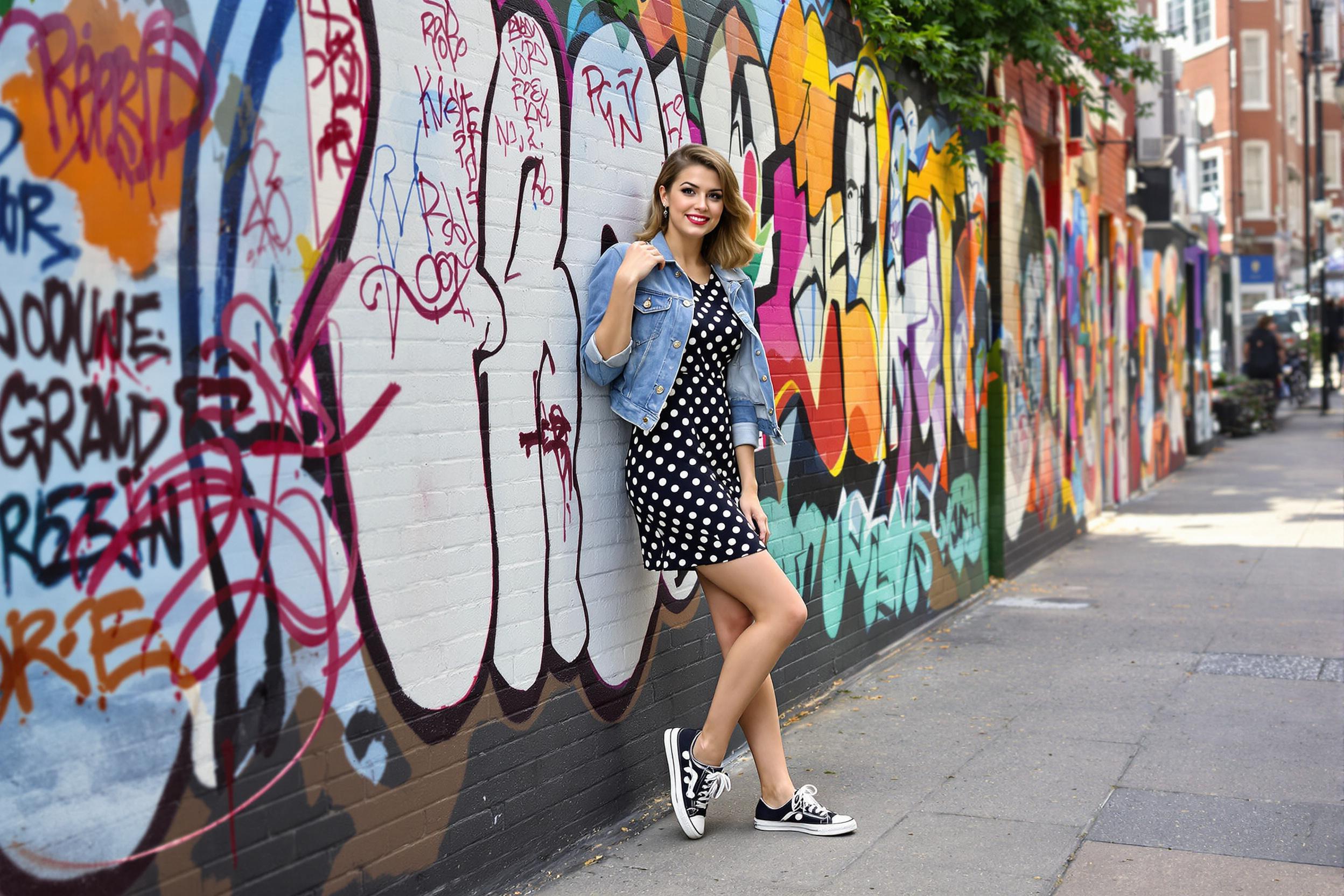 A stylish model blends eras, wearing a 1950s-inspired polka dot dress with a modern denim jacket and sneakers. She poses confidently on a colorful graffiti-covered wall in a bustling city alley, capturing the essence of retro-chic meets contemporary urban fashion.