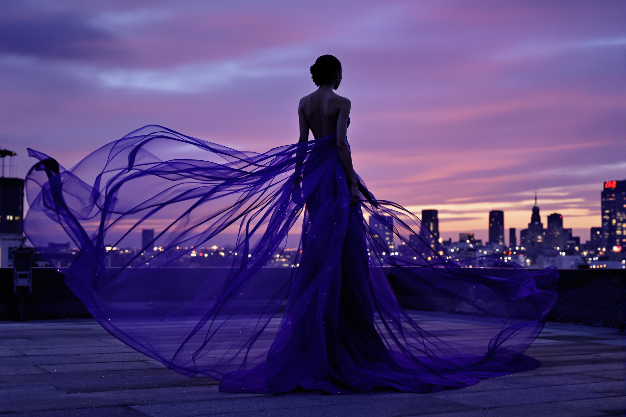 A mesmerizing fusion of high fashion and urban landscapes unfolds as twilight descends. A model in a diaphanous, flowing gown stands poised on a city rooftop, silhouetted against the fading light and twinkling skyline. The dress, in shades of deep purple and midnight blue, billows gently in the evening breeze, creating a striking contrast against the angular architecture of the surrounding buildings. Soft, diffused lighting bathes the scene, casting a dreamlike quality over the image and highlighting the intricate details of the couture piece. The model's pose is both powerful and graceful, embodying the intersection of ethereal beauty and metropolitan sophistication. This captivating image showcases the magic that happens when haute couture meets the raw energy of a city at dusk, creating a visual narrative that speaks to both the fashion-forward and the urban explorer.