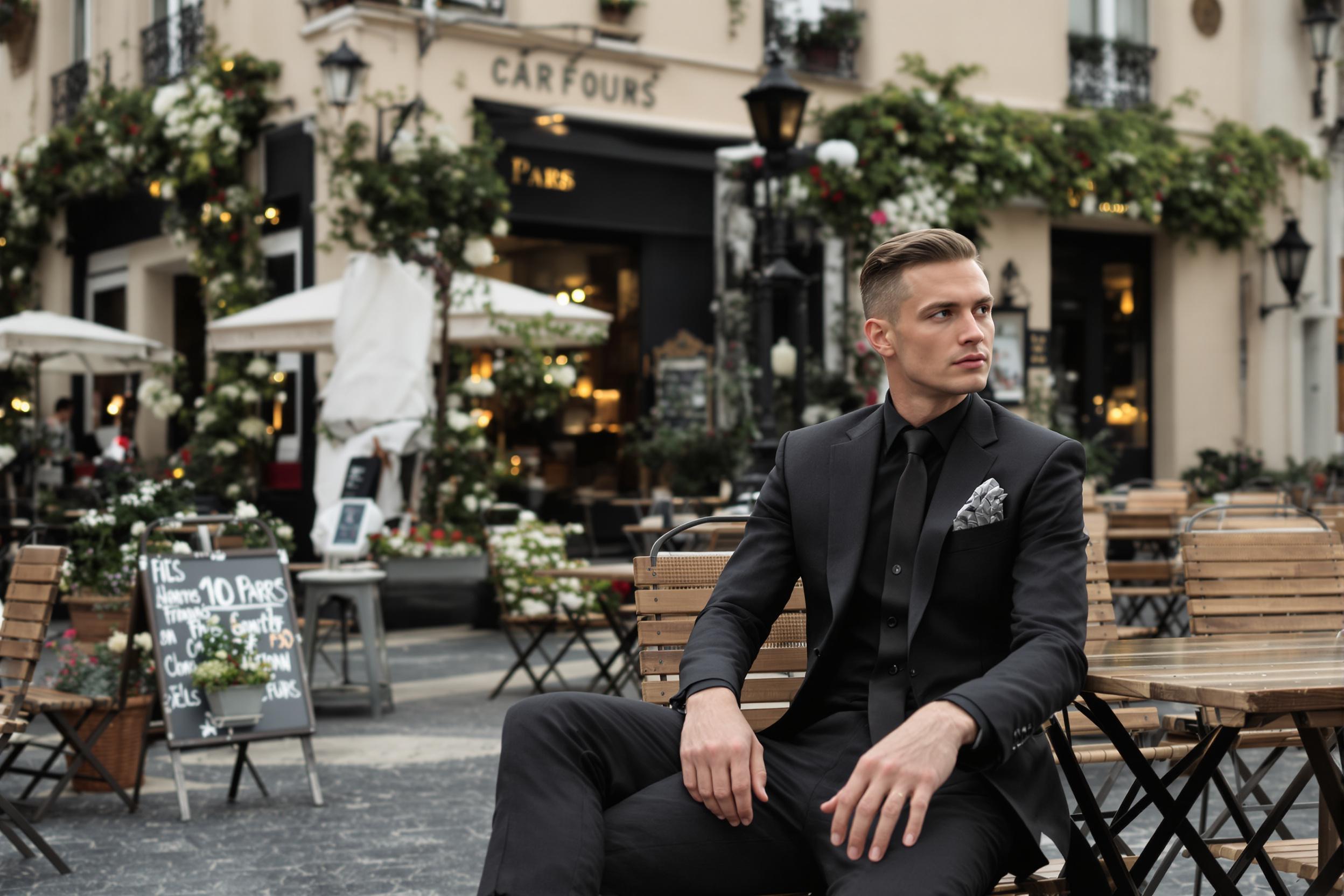 A sophisticated model in a crisp, tailored black suit sits at a quaint Parisian café. The contrast between the sleek attire and the charming, rustic setting creates a captivating image of timeless elegance and urban chic.