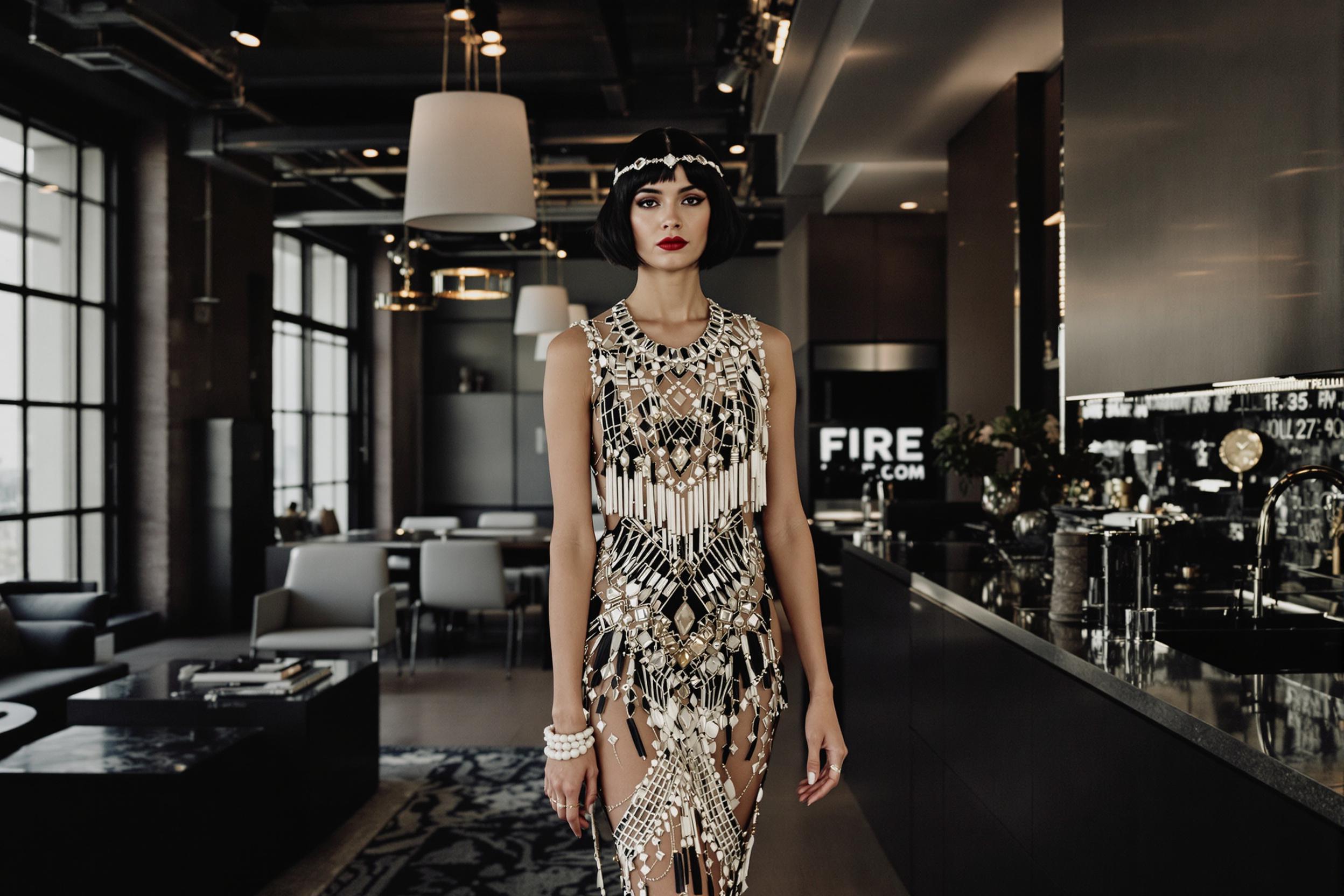 A striking fusion of eras in a sleek urban loft. A model dons a 1920s-inspired beaded flapper dress, artfully paired with contemporary minimalist accessories. The juxtaposition of vintage opulence and modern simplicity creates a captivating high-fashion narrative.