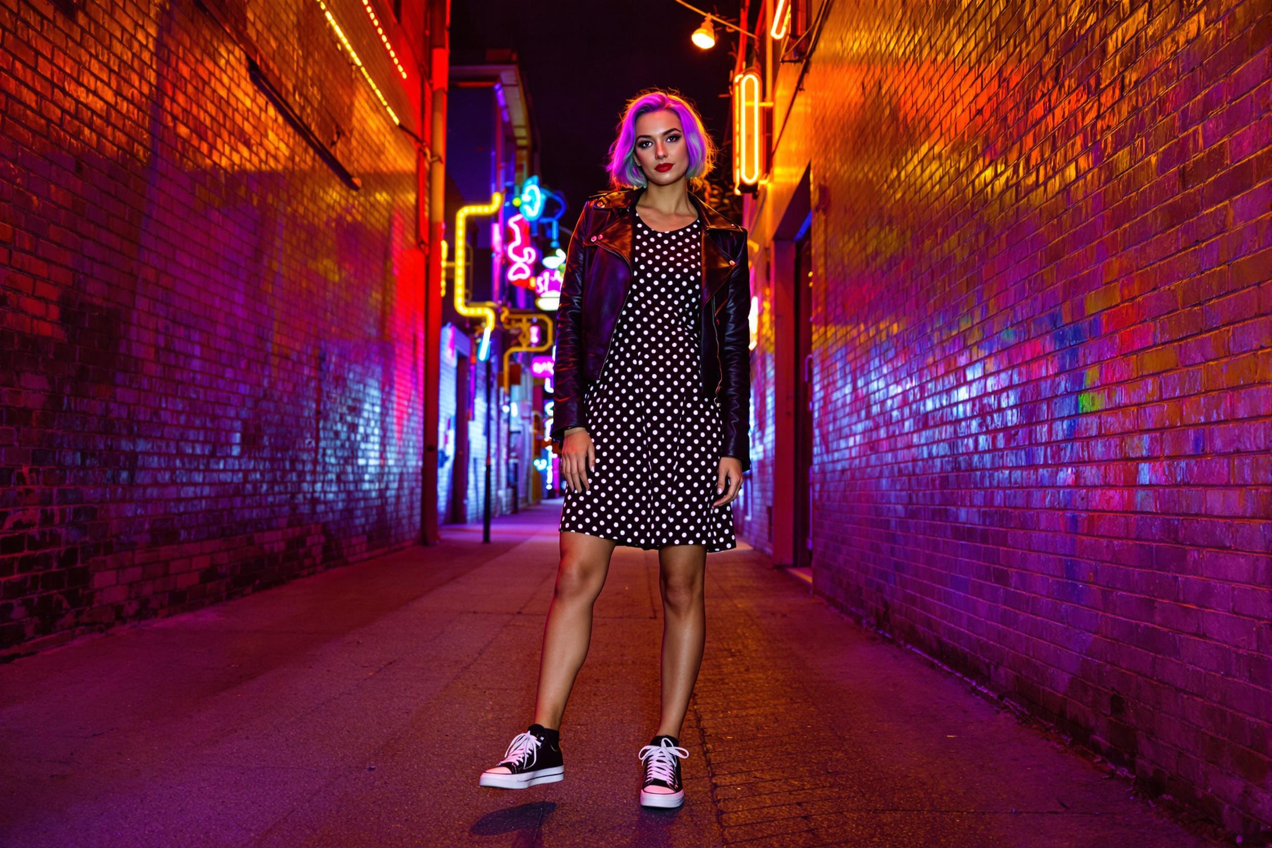 A fashion-forward model blends eras in a neon-lit alleyway, wearing a 1950s-inspired polka dot dress paired with contemporary sneakers and a leather jacket. The vibrant urban backdrop creates a striking contrast, showcasing the evolution of street style.