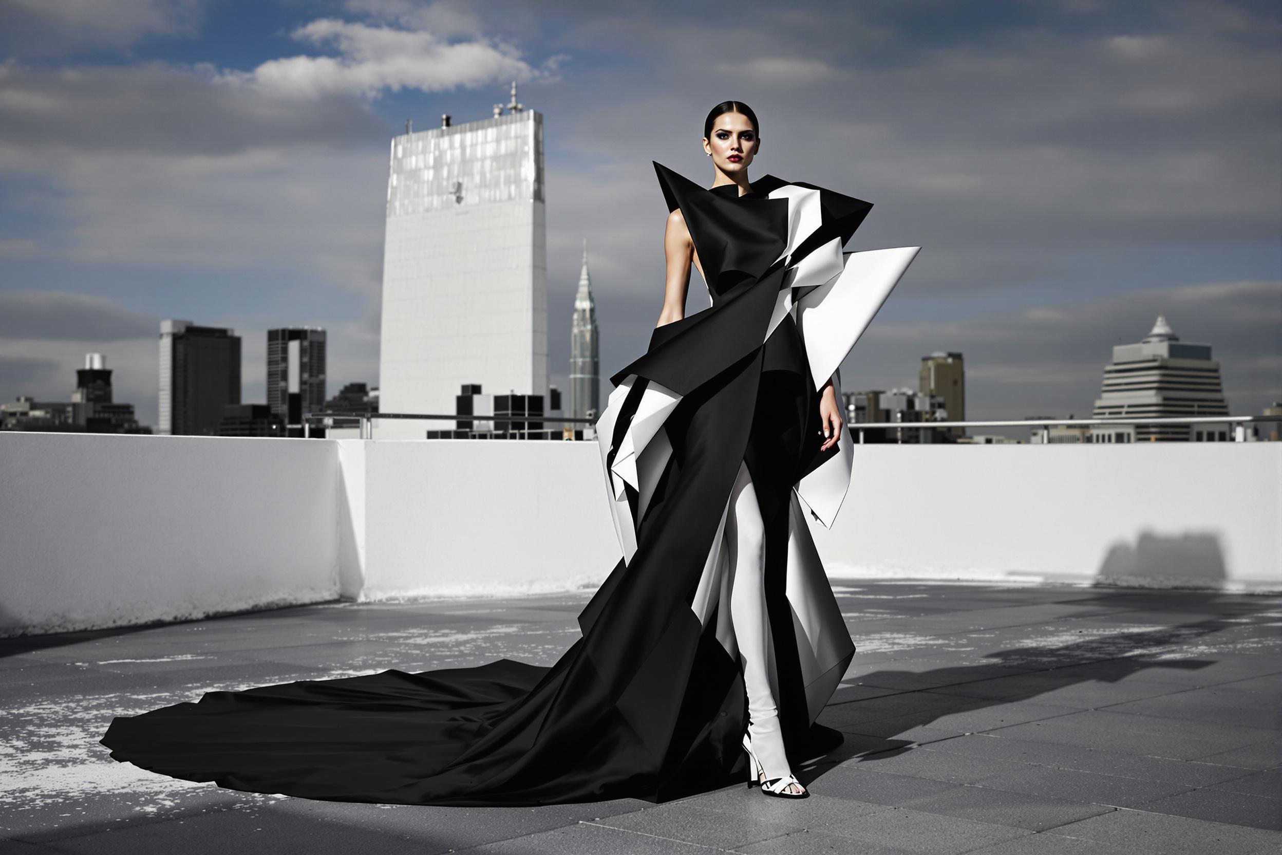 A striking avant-garde fashion shoot on a modern rooftop. Model wears an architectural black and white gown, its geometric shapes echoing the urban skyline. Dramatic lighting creates bold shadows, emphasizing the garment's structural elements.