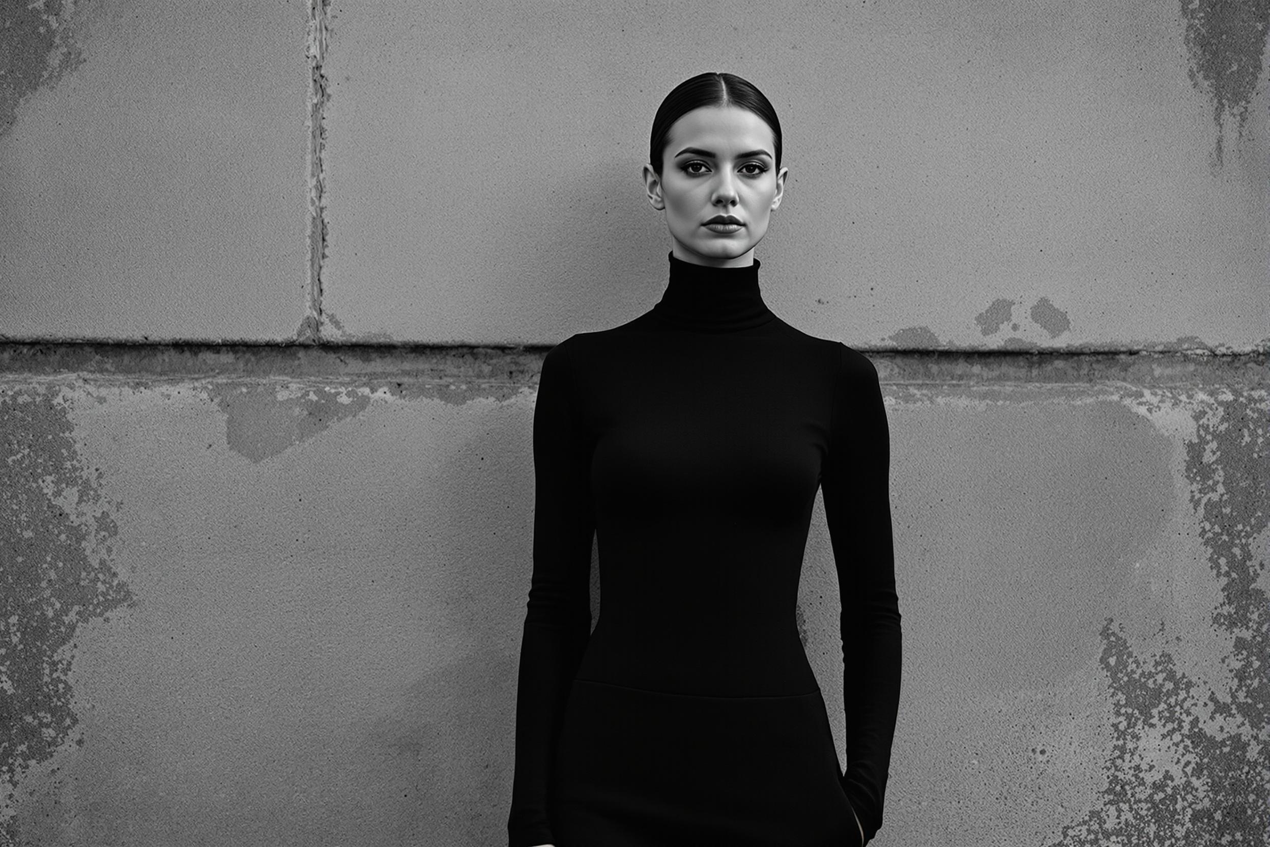 Capture the essence of timeless fashion with this striking monochrome image. A model in a sleek black turtleneck stands confidently against a weathered concrete wall, embodying urban sophistication and minimalist style. The high-contrast scene highlights the interplay of texture and simplicity in modern fashion photography.