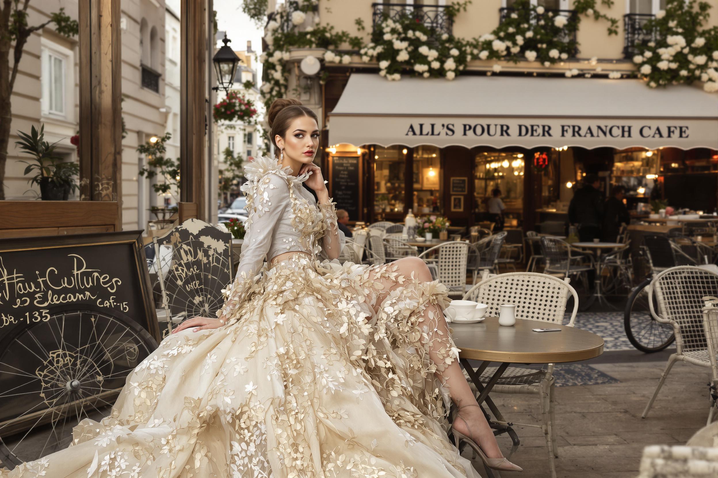 A model in an exquisite haute couture gown sits at a quaint Parisian cafe, blending high fashion with everyday elegance. The juxtaposition of the ornate dress against the rustic cafe setting creates a captivating visual narrative of French style and sophistication.