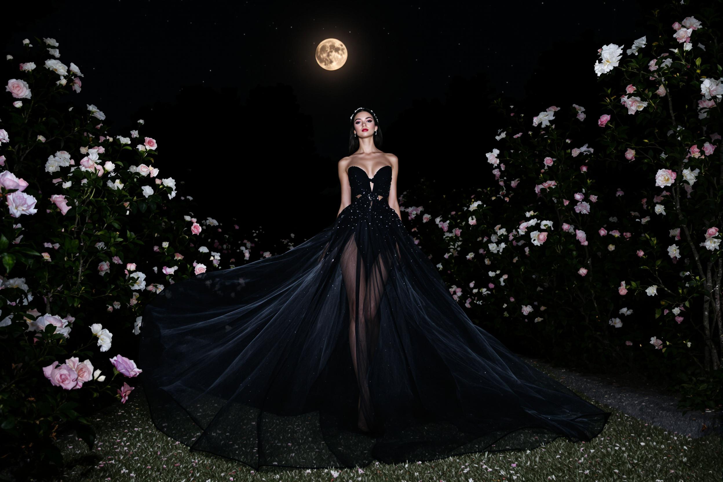 A model in a diaphanous black tulle gown stands in a moonlit garden, surrounded by blooming night flowers. The ethereal dress billows gently in the breeze, creating a mesmerizing silhouette against the starry sky.