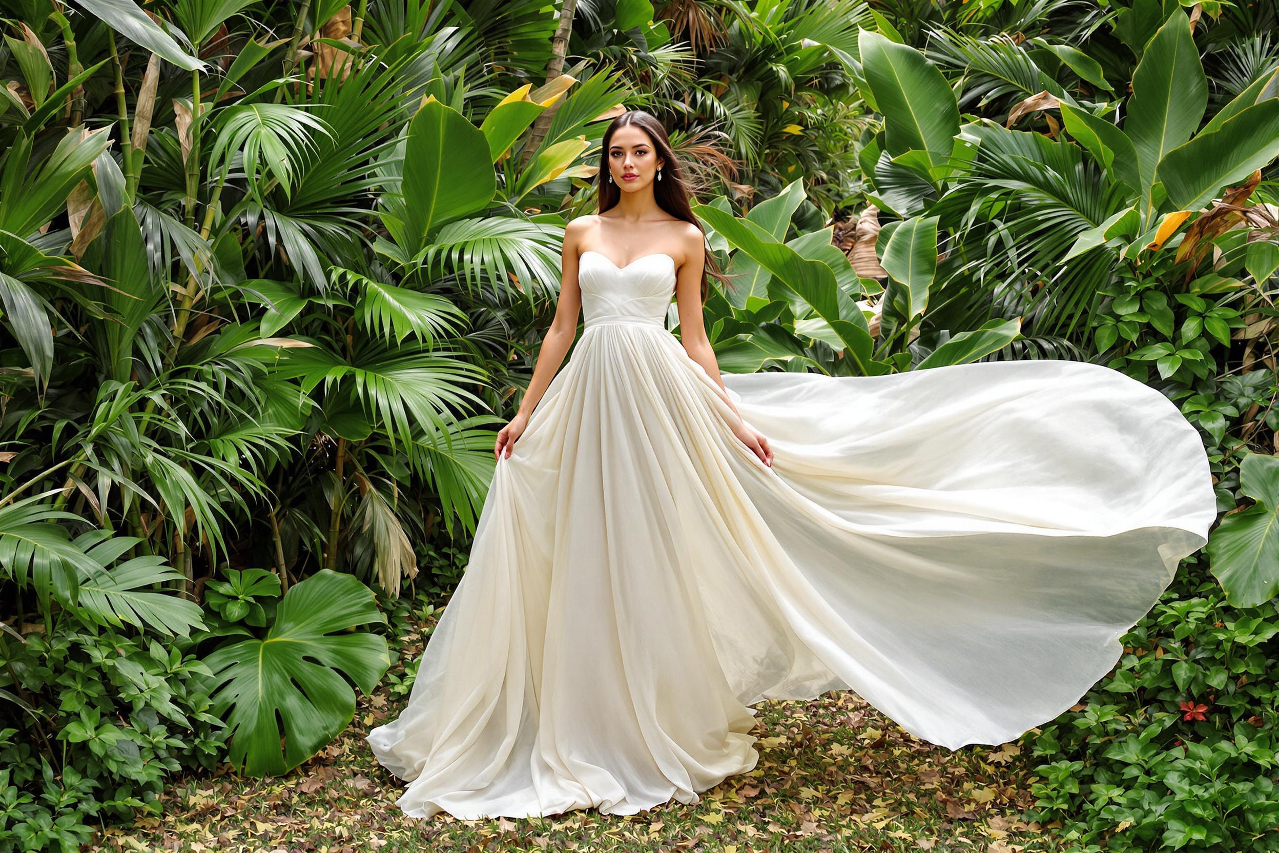 A model showcases a stunning eco-friendly evening gown crafted from bamboo fabric, standing amidst a lush tropical garden. The flowing silhouette of the dress harmonizes with the verdant surroundings, embodying the fusion of sustainable fashion and natural beauty.