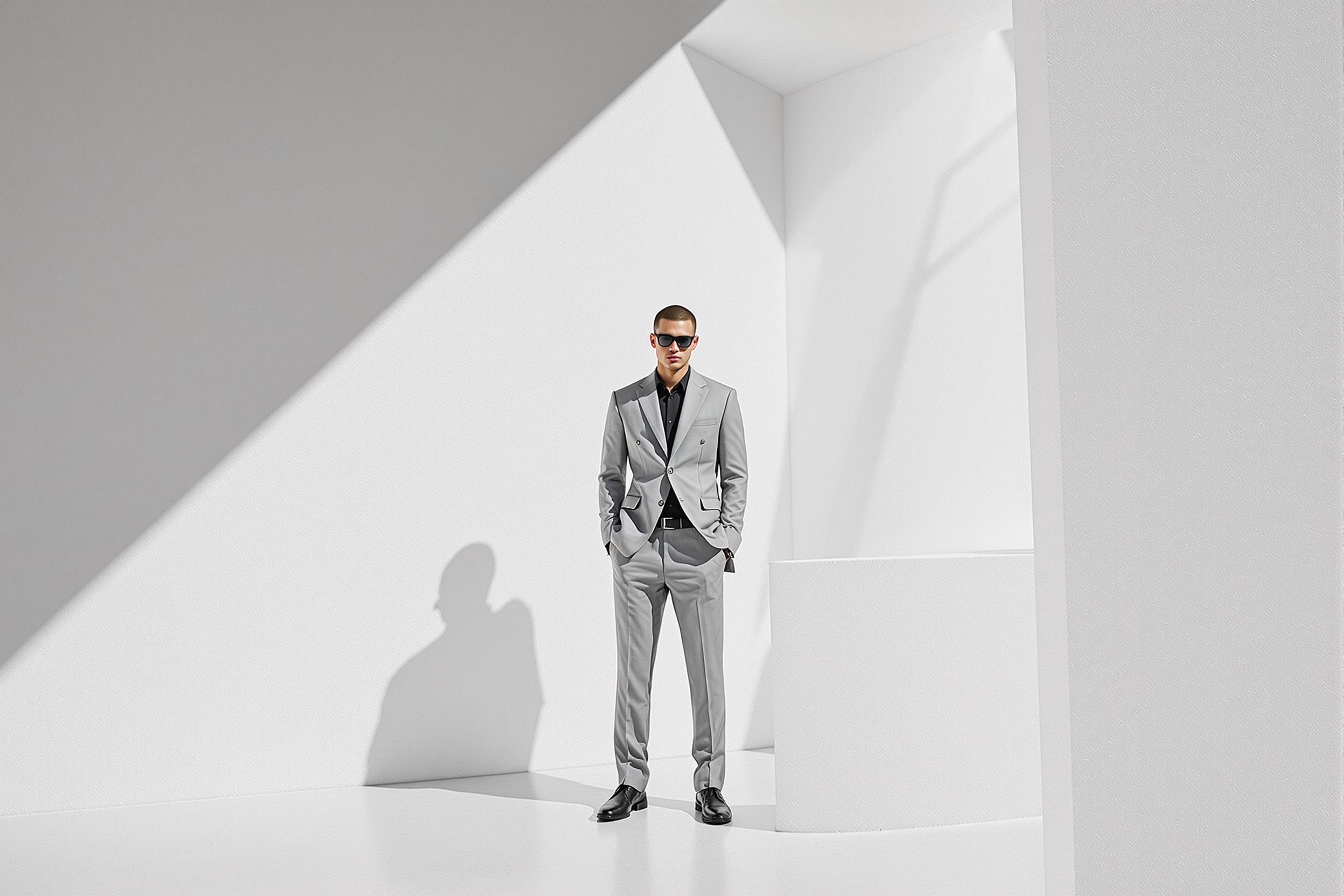 A sleek fashion shoot capturing the essence of urban minimalism. A model in a tailored gray suit stands against a stark white wall, creating a striking contrast. The composition emphasizes clean lines and geometric shapes, showcasing the power of simplicity in high-end fashion.