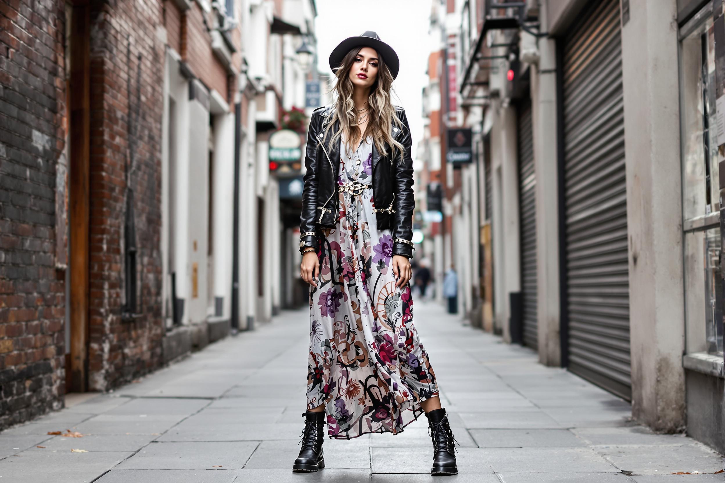 A captivating street style portrait showcasing the fusion of bohemian chic and urban grunge. A model stands confidently in a bustling city alleyway, wearing a flowing maxi dress paired with a distressed leather jacket and combat boots.