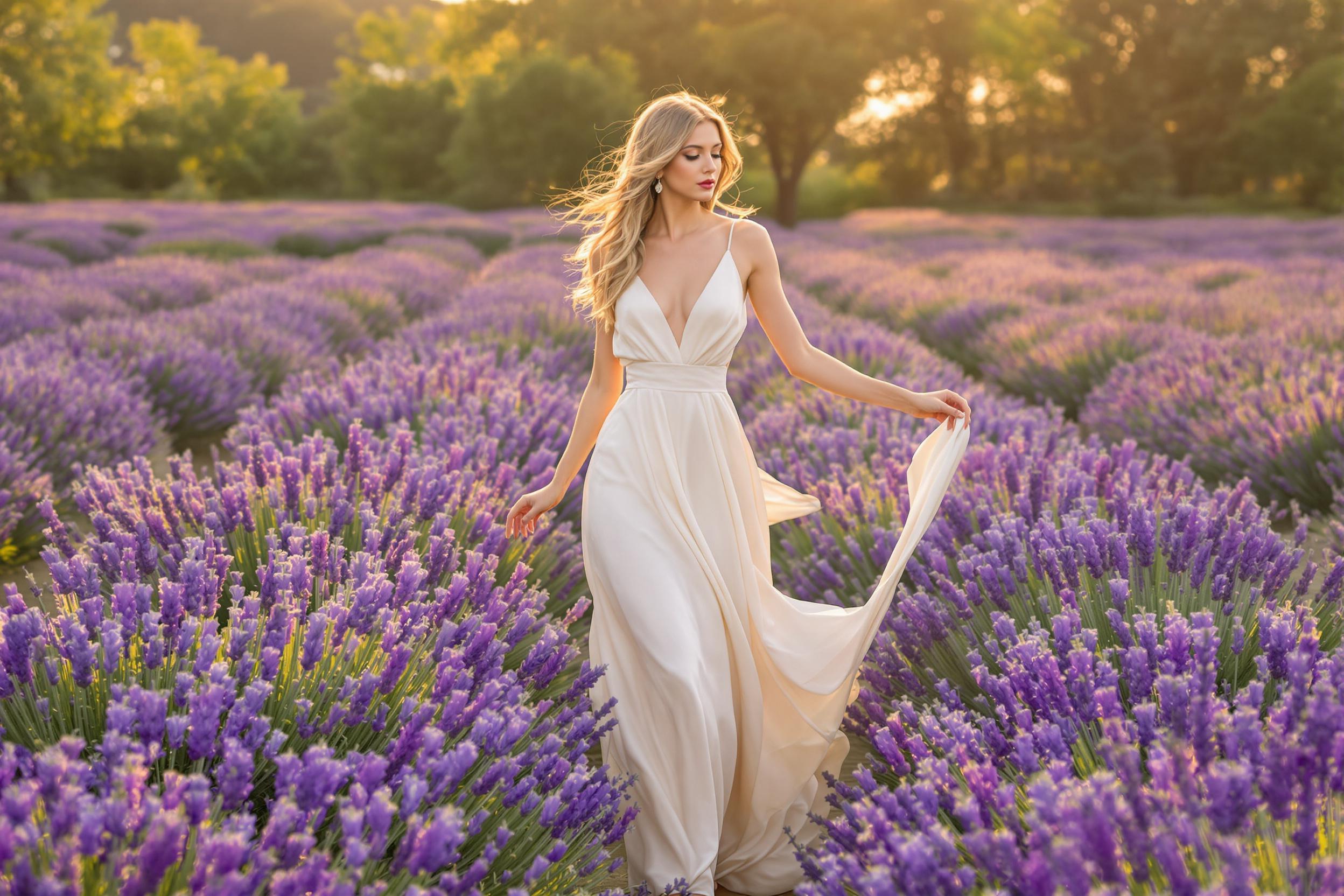 A model in a flowing, vintage-inspired silk gown stands amidst a sea of blooming lavender. The soft purple hues of the flowers complement the pale ivory dress, creating a romantic and ethereal atmosphere. Golden hour light bathes the scene, highlighting the gown's delicate details and the model's graceful pose.