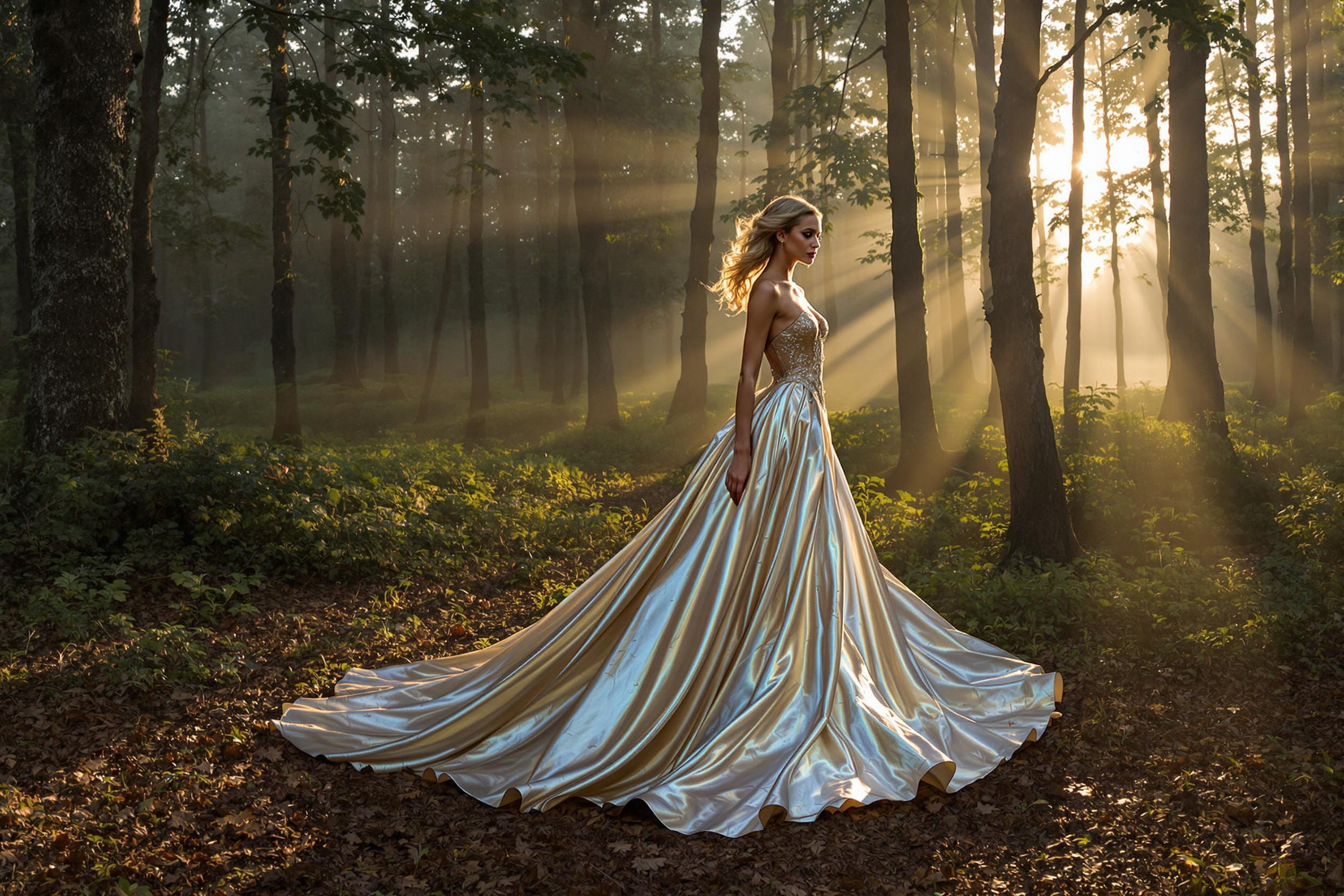 A model in a flowing silk gown stands in a misty forest clearing at dawn. The ethereal dress billows gently, its iridescent fabric catching the soft, golden light filtering through the trees. This enchanting scene captures the intersection of high fashion and nature's raw beauty.