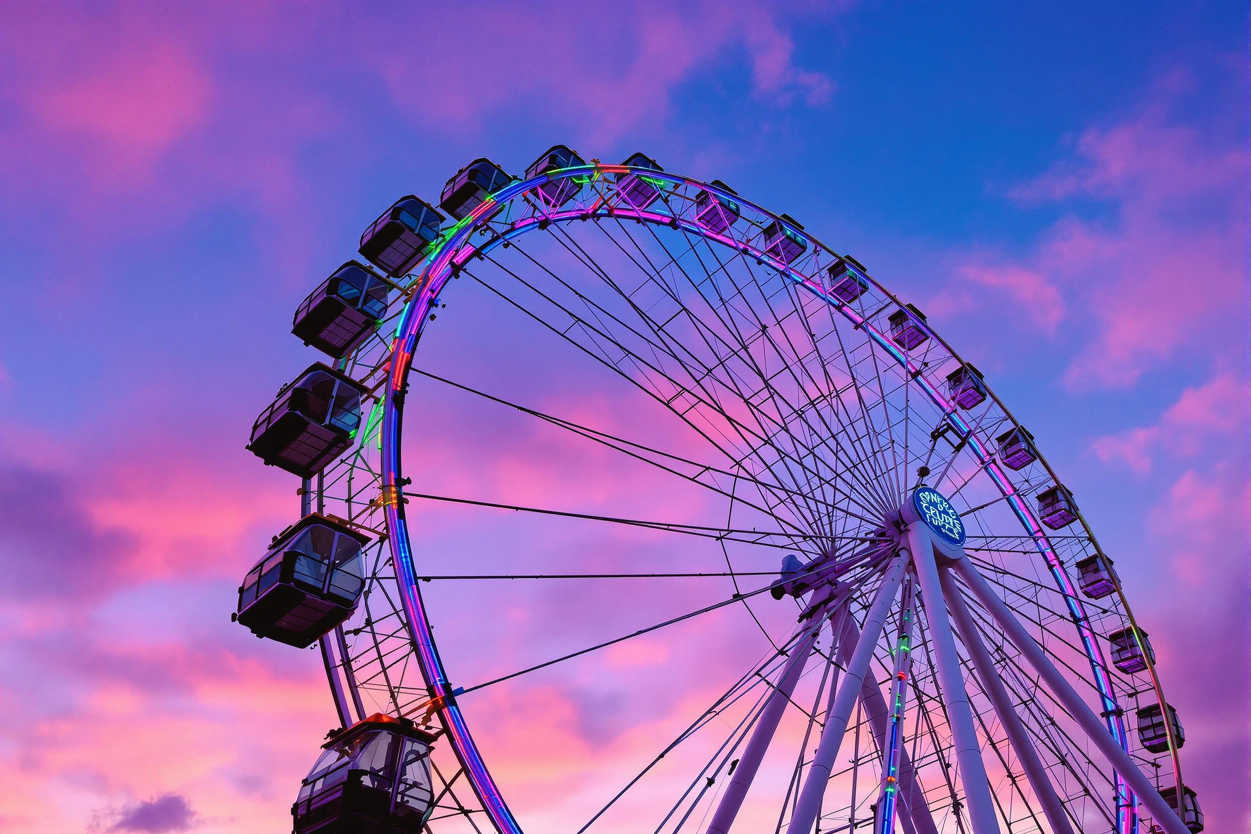 Against a vivid twilight backdrop, a towering ferris wheel dominates the skyline. Vibrant lights cycle through hues of red, blue, and green while cabins subtly blur in motion. From a worm’s-eye view, the ferris wheel arcs dynamically across the frame, its metal framework silhouetted against hints of violet-pink clouds in the emerging night sky.