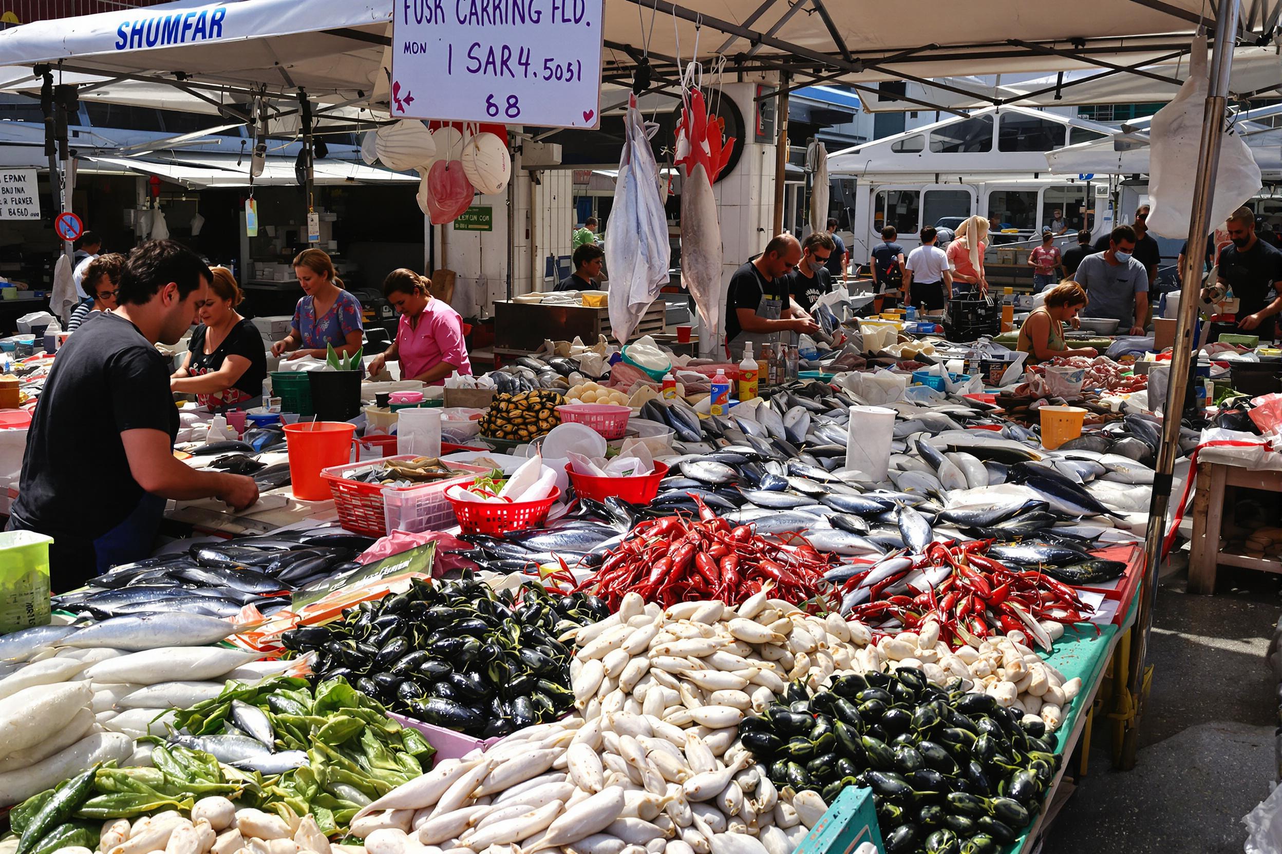 A vibrant fish market buzzes with activity under bright mid-morning sunlight. Stalls laden with an array of fresh seafood offer glistening fish, shellfish, and crustaceans, their colors popping amidst the lively atmosphere. Shoppers engage in conversation as vendors expertly fillet fish, adding to the bustling ambiance.