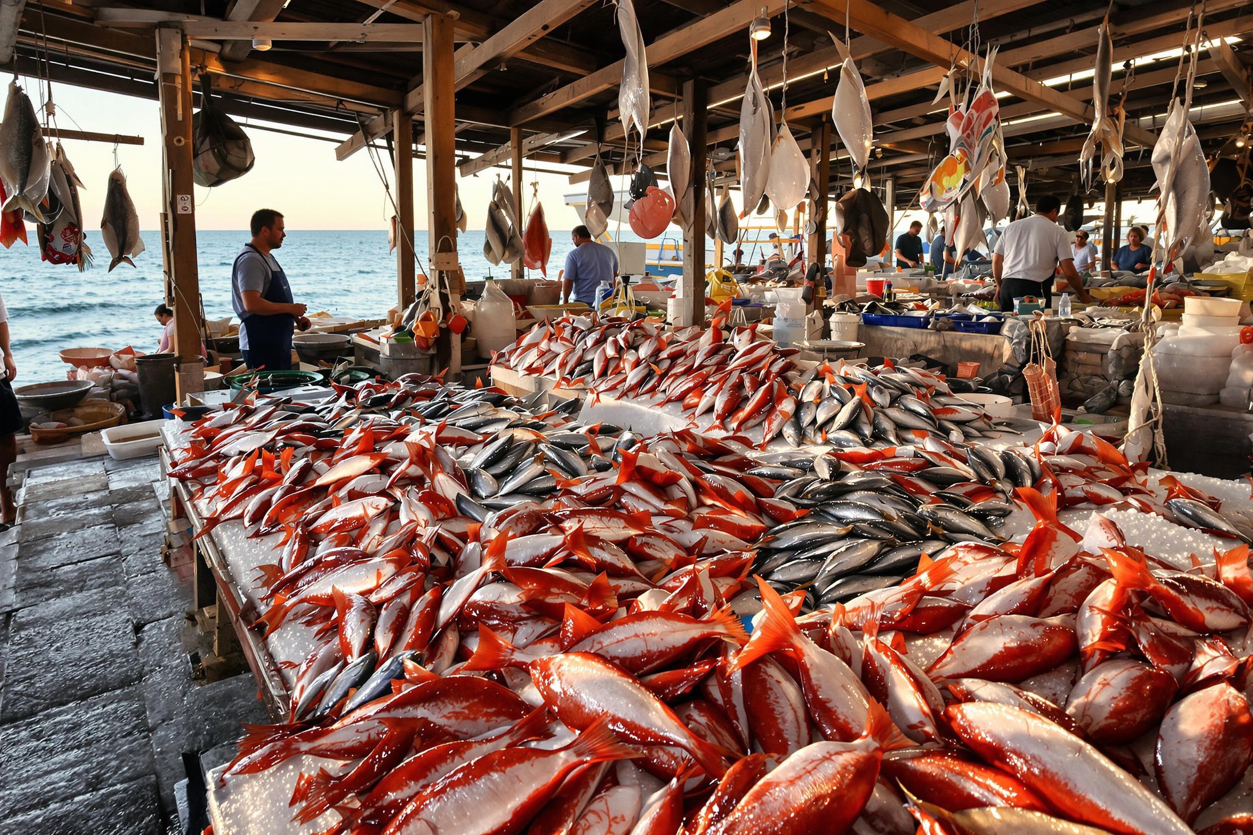 A tranquil fish market awakens by the sea at dawn. Fresh catches are meticulously displayed on ice, glistening in the soft morning light. Vibrant hues of red snapper and silver sardines contrast with the rustic wooden stalls. Fishermen organize their gear nearby while calm waves gently lap against the shore, enhancing the serene coastal atmosphere.