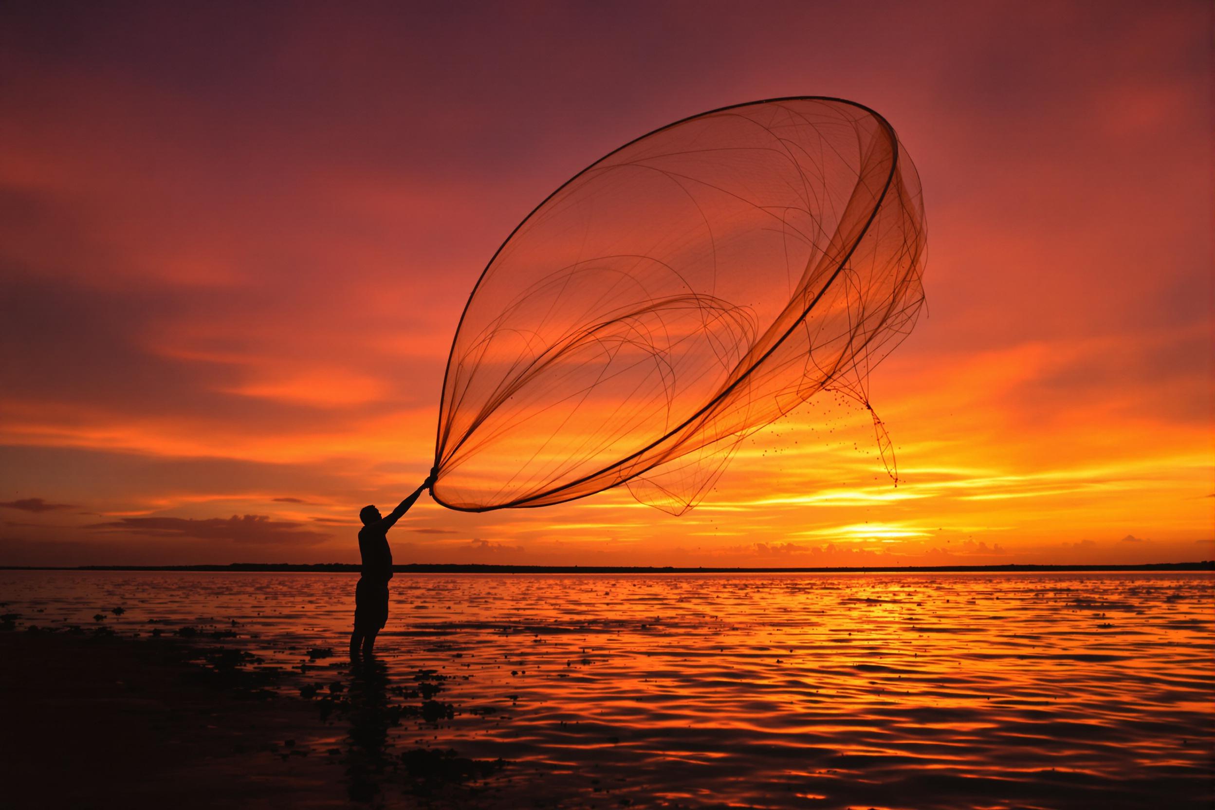 A lone fisherman stands at the edge of a quiet lagoon, casting his wide, circular fishing net into the air as the sun sets in vibrant tones of orange and pink. Silhouetted elegantly against the glowing sky, the motion of the net creates dynamic leading lines. Calm waters ripple gently, mirroring the fiery sunset above.