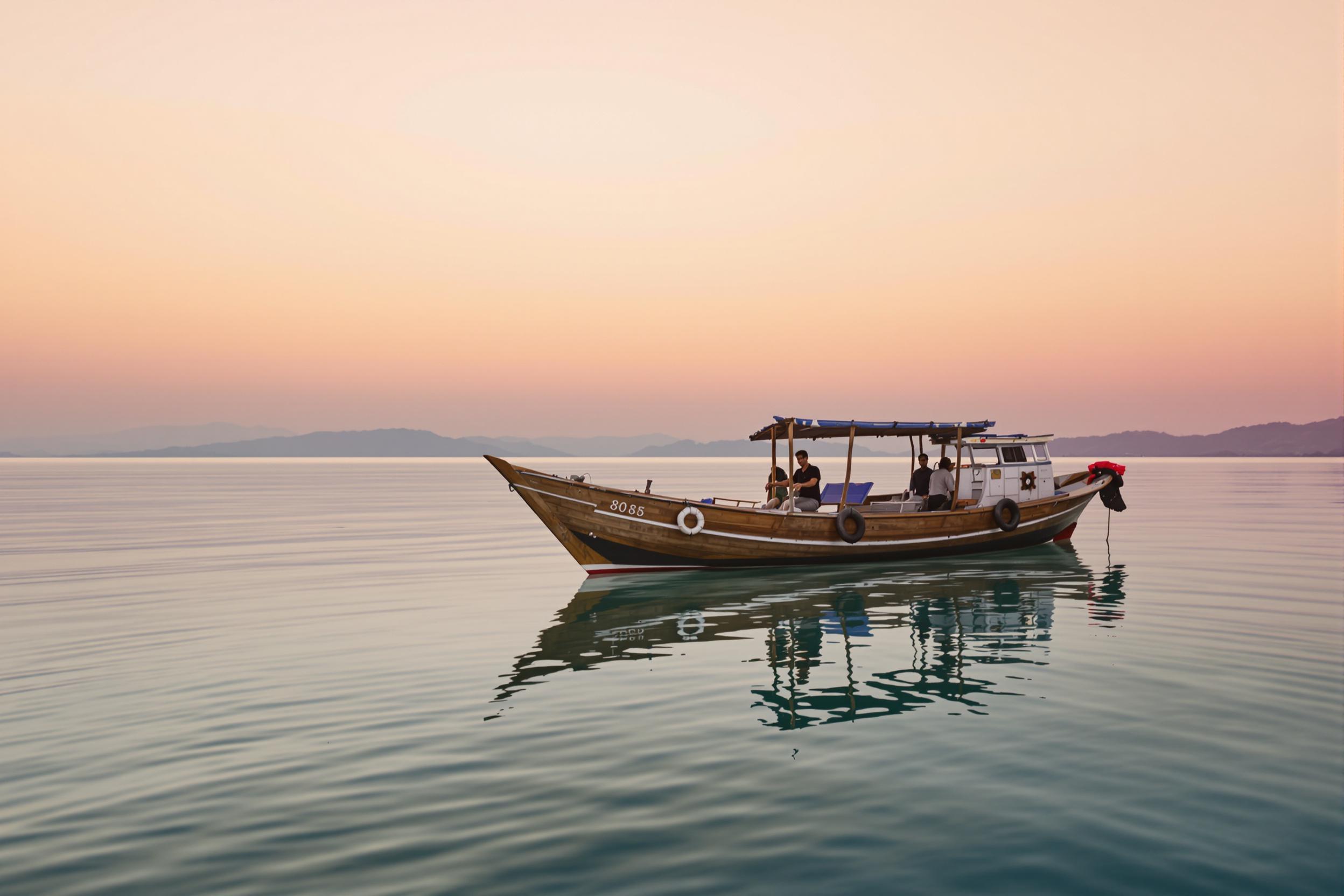 Against the backdrop of a serene sunrise, a traditional wooden fishing boat floats peacefully on glass-like waters. The scene is bathed in golden-orange hues that gradually fade into soft pink skies. Gentle ripples disrupt the boat's reflection creating rhythmic patterns. Layers of fading distant hills add depth, enriching the tranquil seascape.