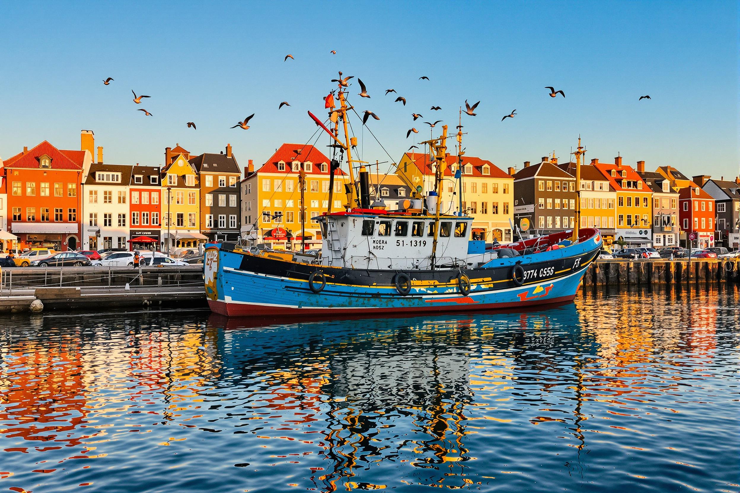 An old fishing boat with peeling blue and white paint rests anchored in a tranquil harbor framed by vibrant buildings glowing under golden-hour sunlight. Rippled reflections dance across glassy water as seagulls frolic overhead, adding life to this charming maritime scene.