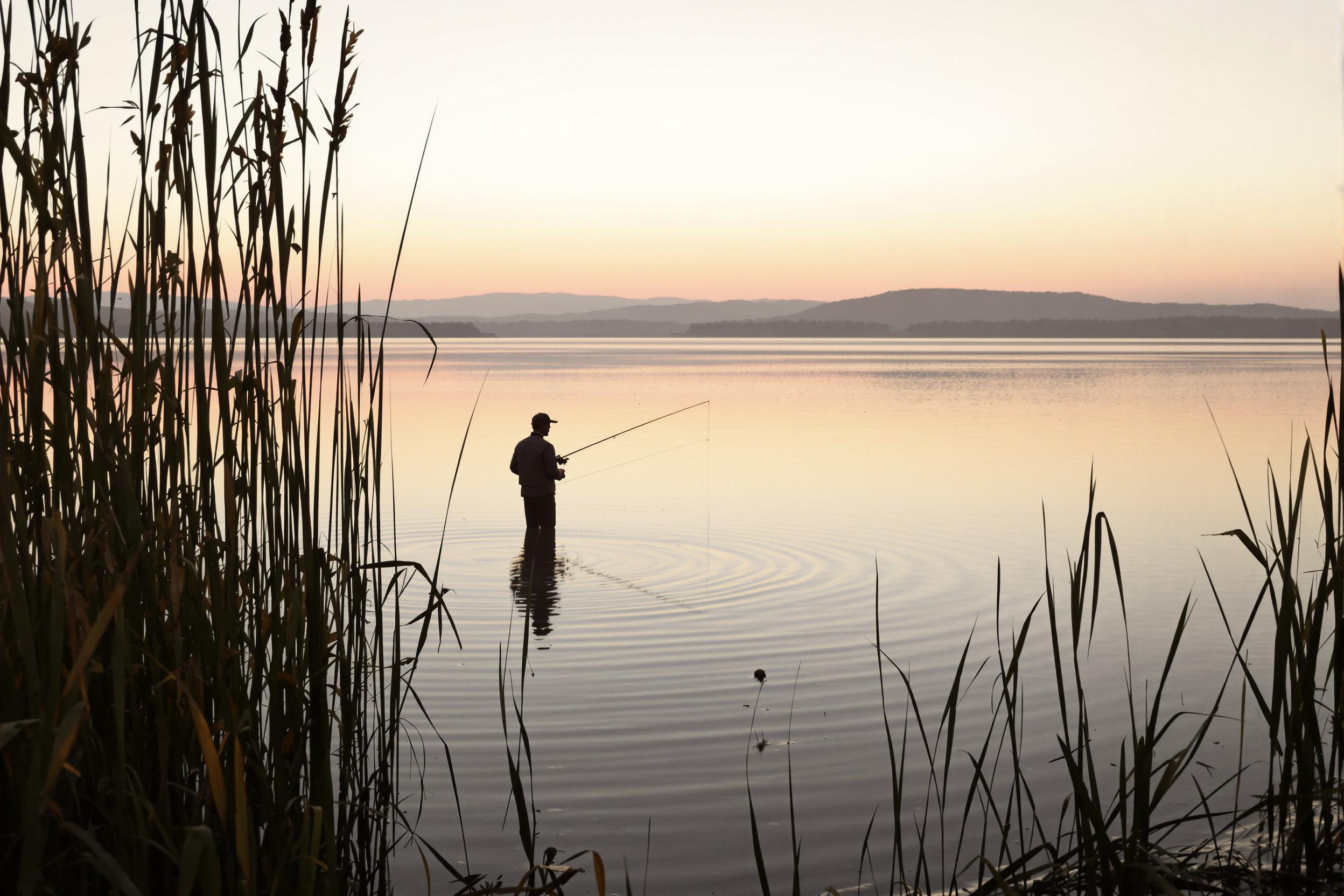 A lone fisherman stands at the edge of a tranquil lake just before dawn. The calm water reflects soft hues of orange and pink as the sun begins to rise, enveloping the scene in serenity. Tall reeds frame the composition while distant hills silhouette against the brightening sky, enhancing the peacefulness of this early morning moment.