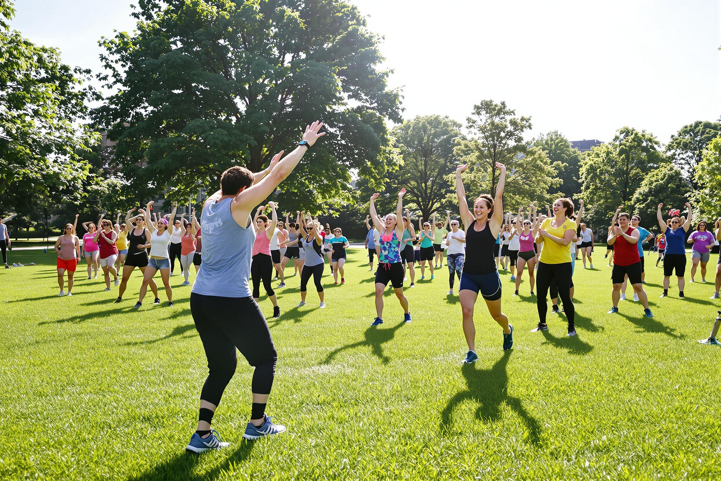 A lively fitness boot camp takes place in a sunlit city park, where a diverse group of participants engages in various physical exercises. Instructors guide them through a series of challenging routines on the lush green grass. Bright sunlight casts playful shadows as participants laugh and motivate each other, embodying community spirit and determination.