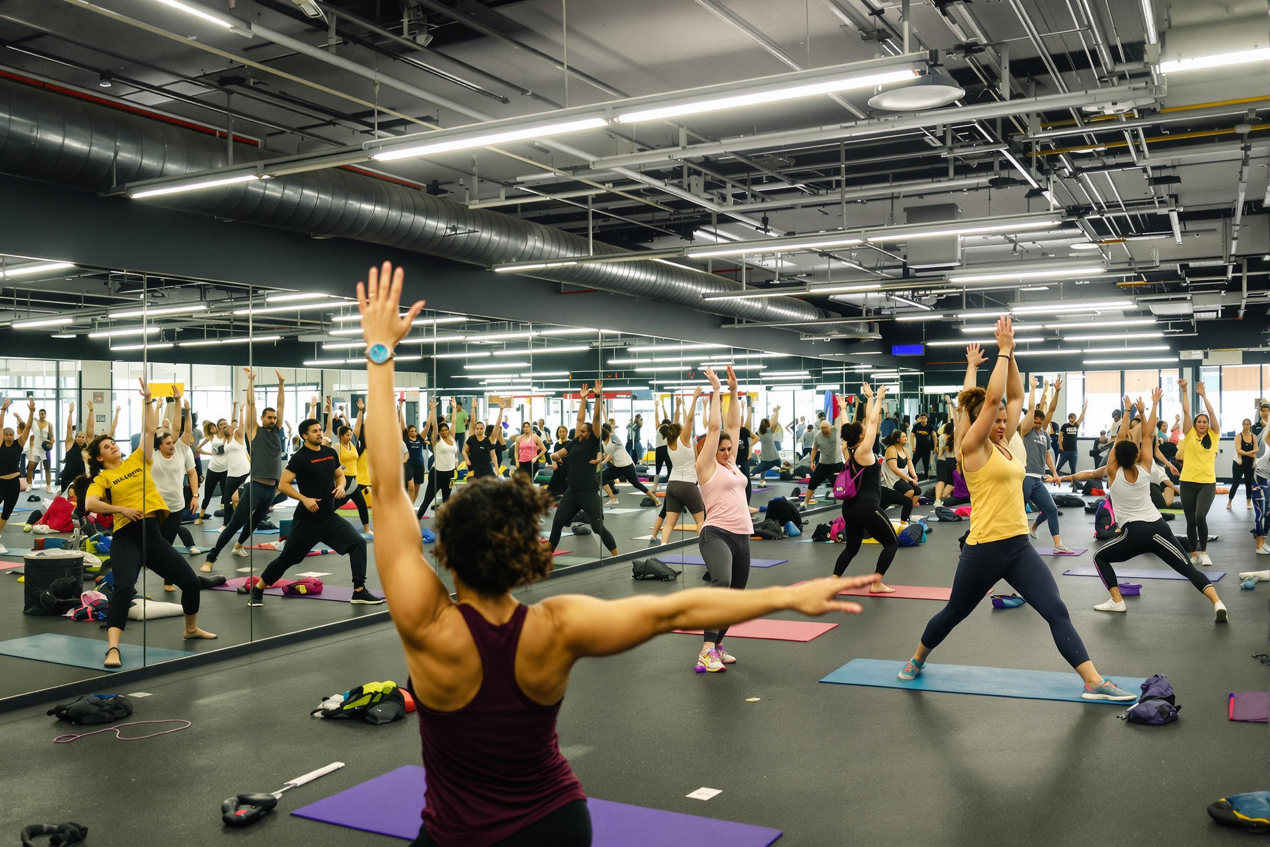 A vibrant fitness center buzzes with energy as individuals engage in various exercises. The spacious room features high ceilings with bright industrial lights illuminating the scene. Participants of diverse ethnic backgrounds perform dynamic movements, from yoga poses to high-energy workouts. Mirrored walls reflect their motions, creating an immersive experience filled with enthusiasm and determination.