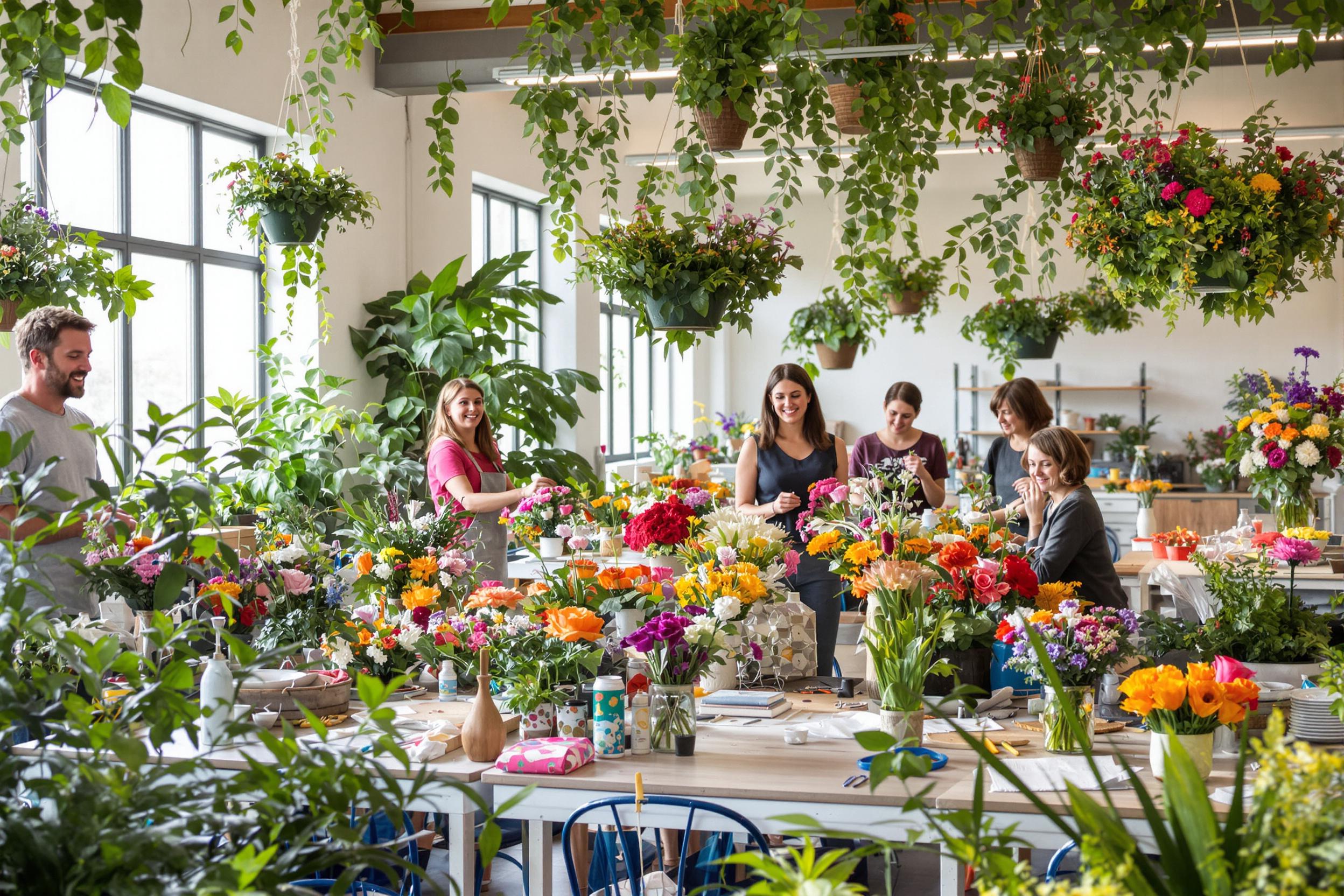 A colorful flower arrangement workshop comes to life in a brightly lit studio. Participants of various ages enthusiastically design their bouquets, surrounded by lush greenery and blooming flowers. Natural light streams through large windows, highlighting the vibrant colors and textures, while tables are scattered with tools and materials. Joyful expressions fill the room as creativity flourishes.