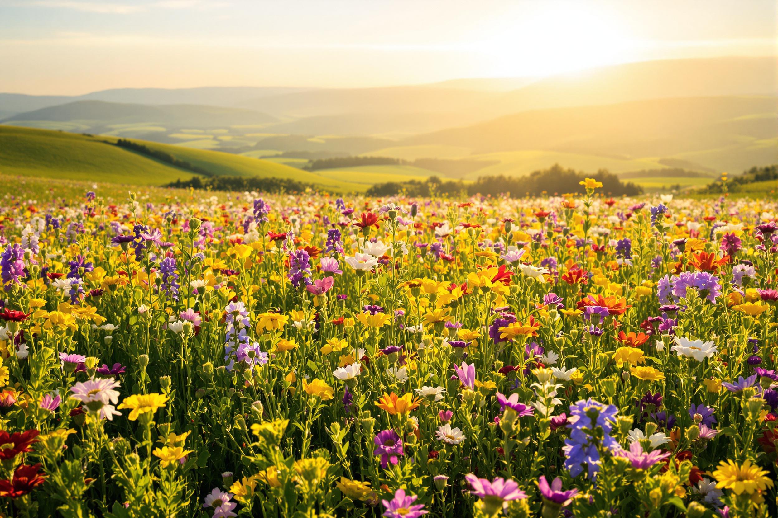 A breathtaking flower field bursts into view, filled with various wildflowers swaying gently under the soft glow of late afternoon sunlight. Colorful blossoms in hues of purple, yellow, and red create a vibrant tapestry across the landscape. The warm light enhances the texture of each petal, while distant rolling hills form a serene backdrop, evoking a sense of tranquility and abundance.